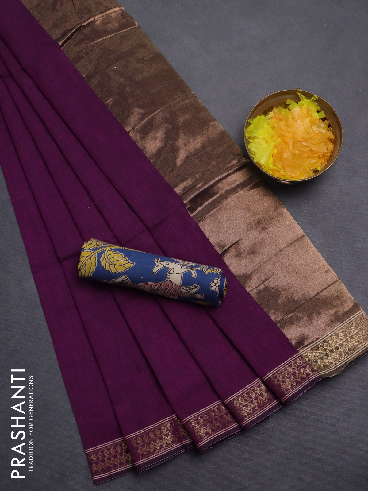 Bengal soft cotton saree purple and blue with plain body and zari woven border