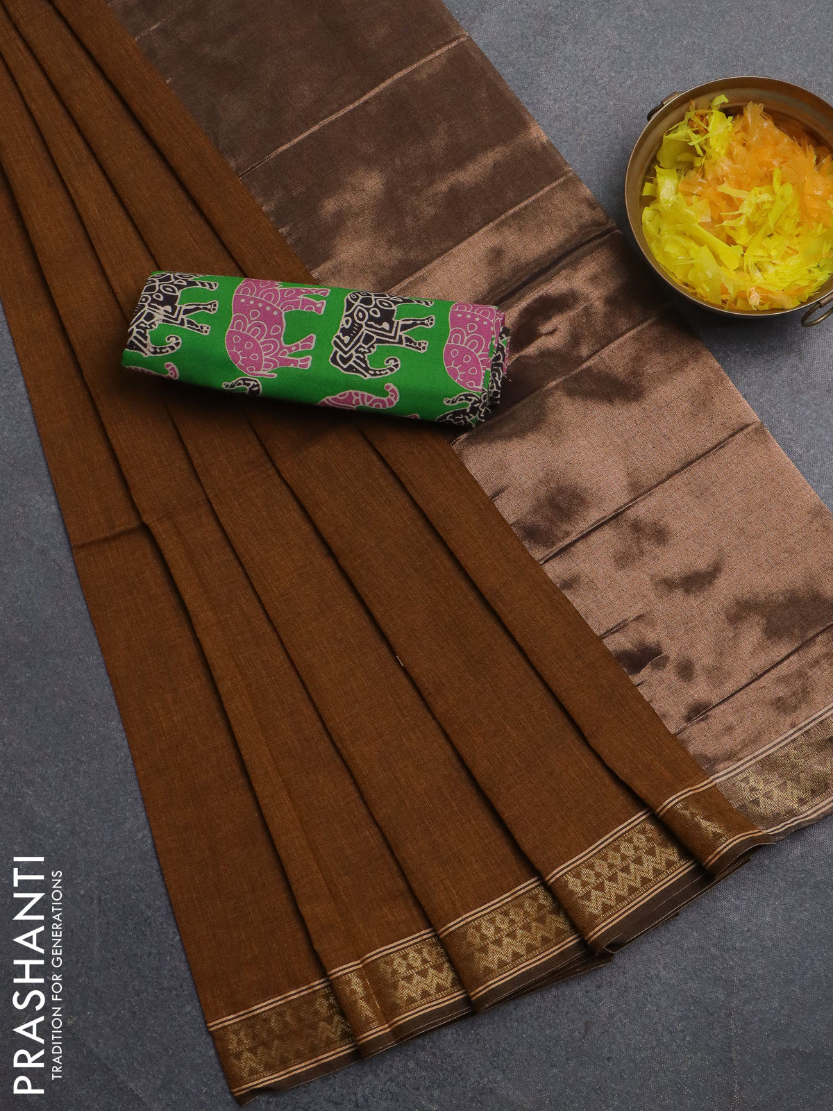 Bengal soft cotton saree dark mustard and green with plain body and zari woven border