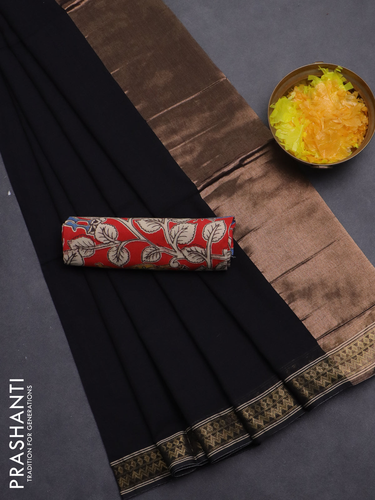 Bengal soft cotton saree black and red with plain body and zari woven border