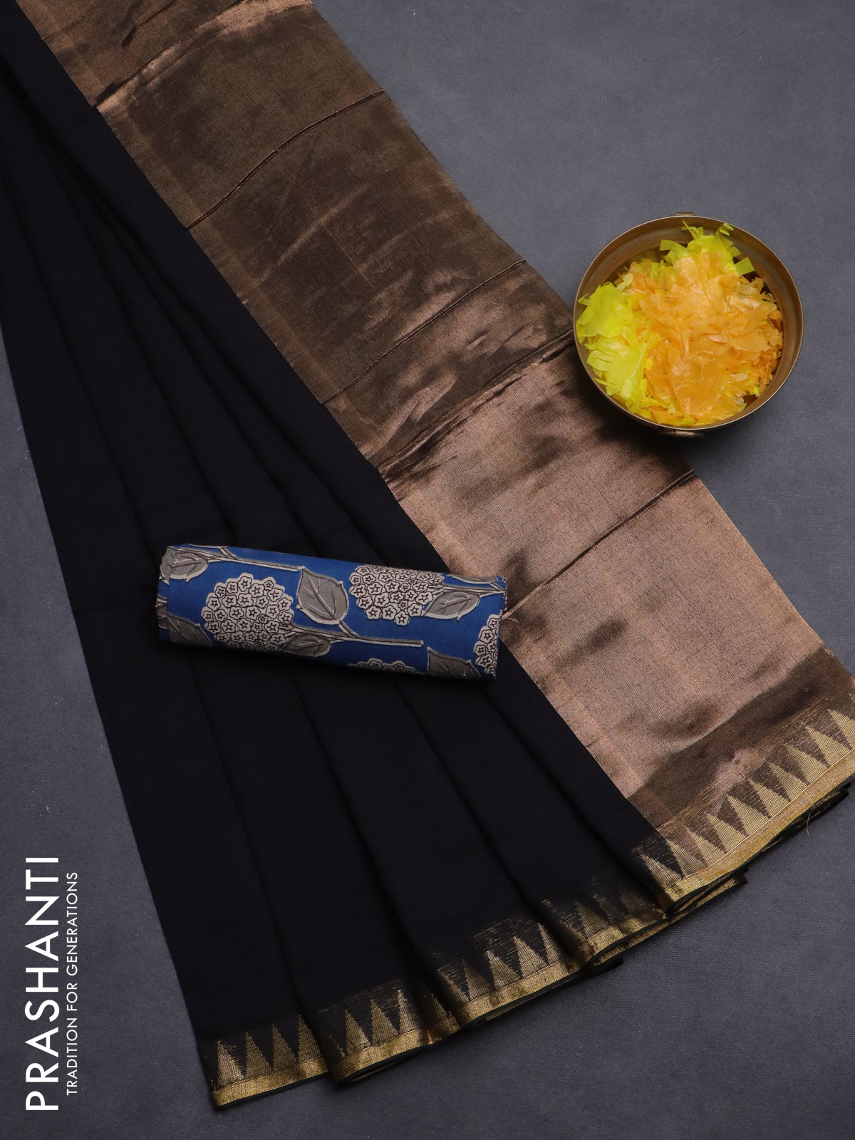 Bengal soft cotton saree black and cs blue with plain body and zari woven border