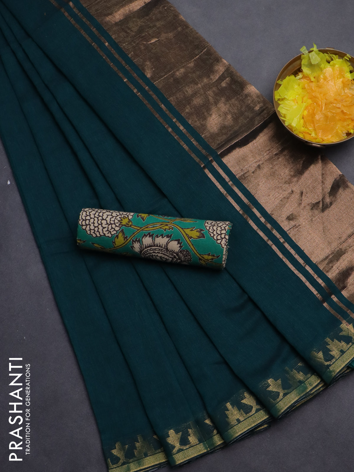 Bengal soft cotton saree peacock green with plain body and zari woven border