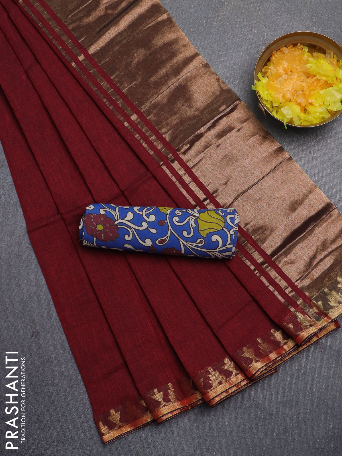 Bengal soft cotton saree maroon and blue with plain body and zari woven border