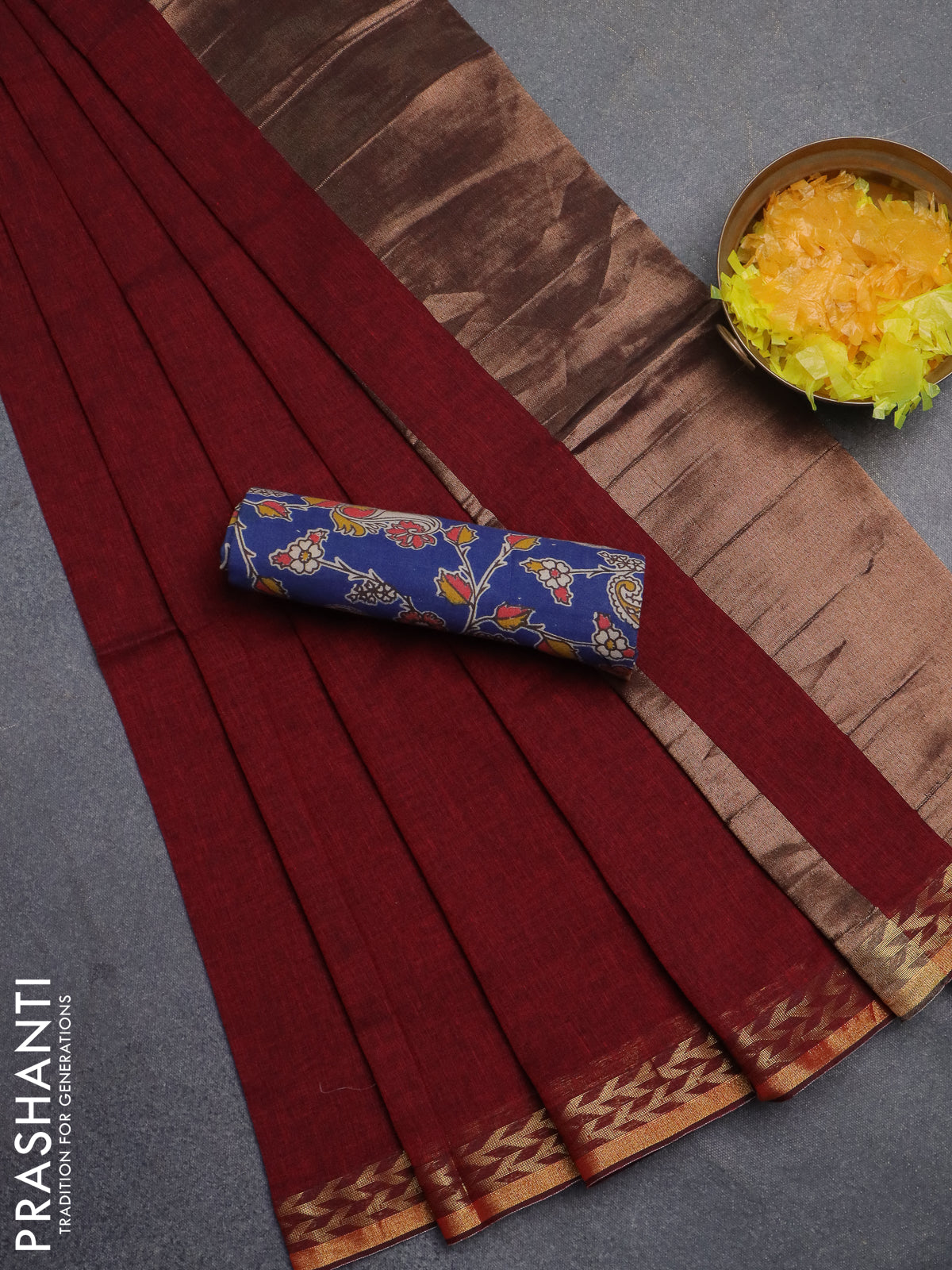 Bengal soft cotton saree maroon and blue with plain body and zari woven border