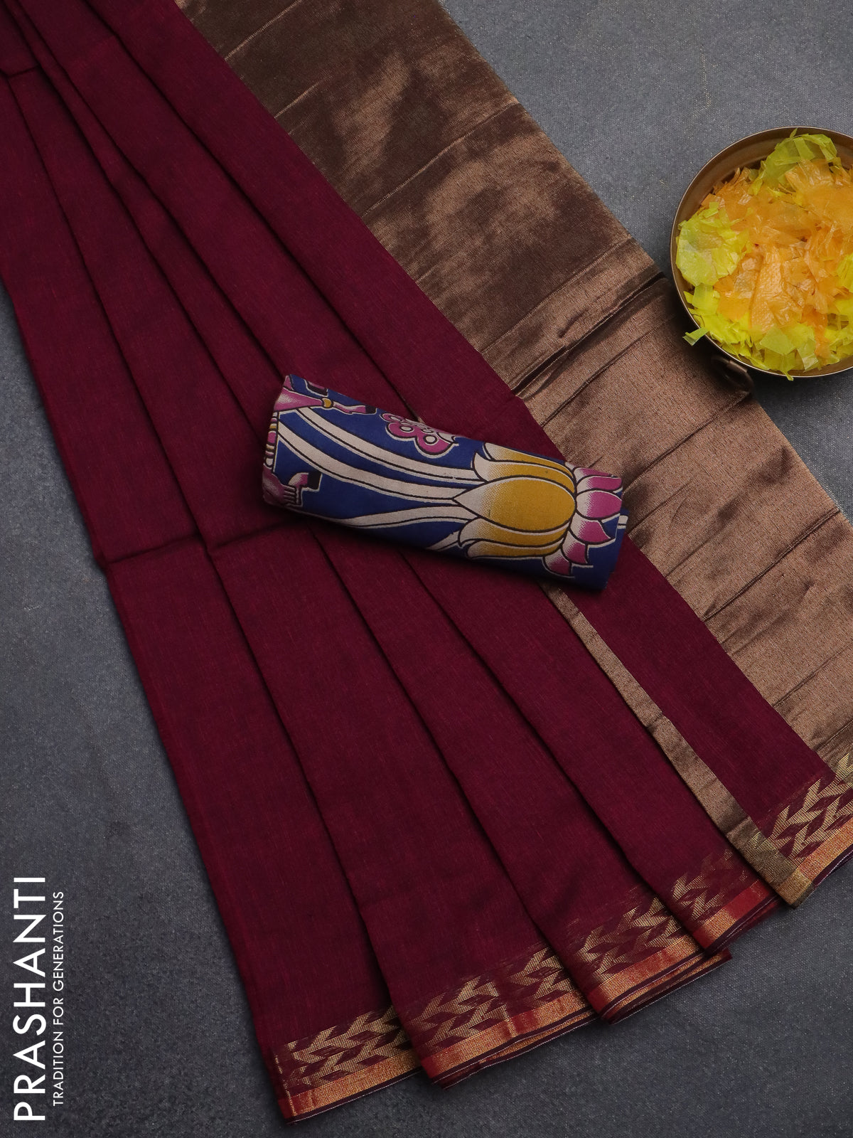 Bengal soft cotton saree dark magenat pink and blue with plain body and zari woven border