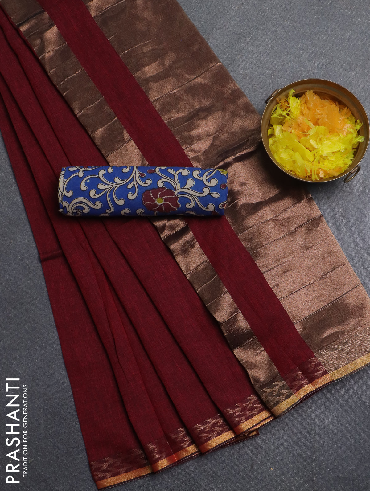 Bengal soft cotton saree maroon and blue with plain body and zari woven border