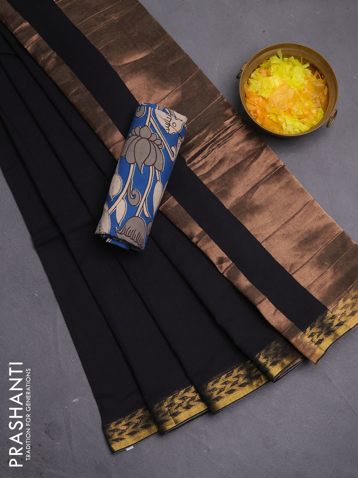 Bengal soft cotton saree black and blue with plain body and zari woven border