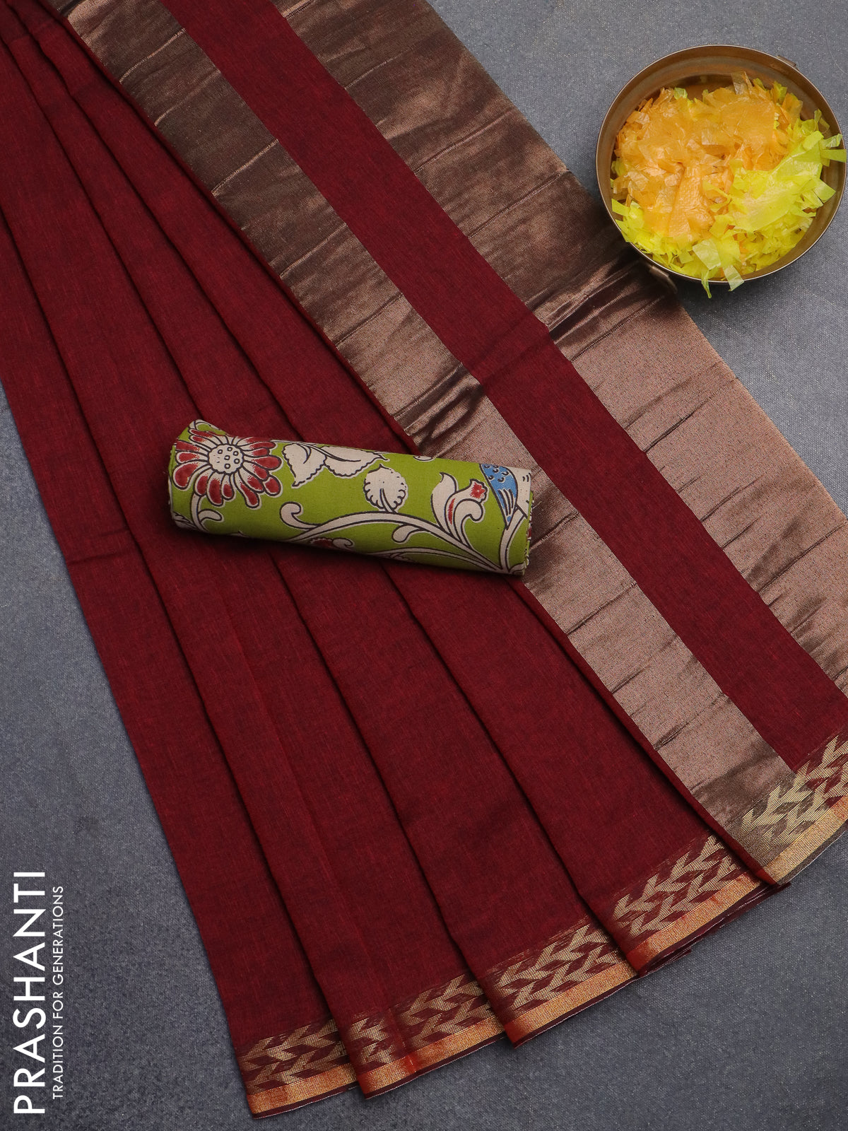 Bengal soft cotton saree maroon and light green with plain body and zari woven border