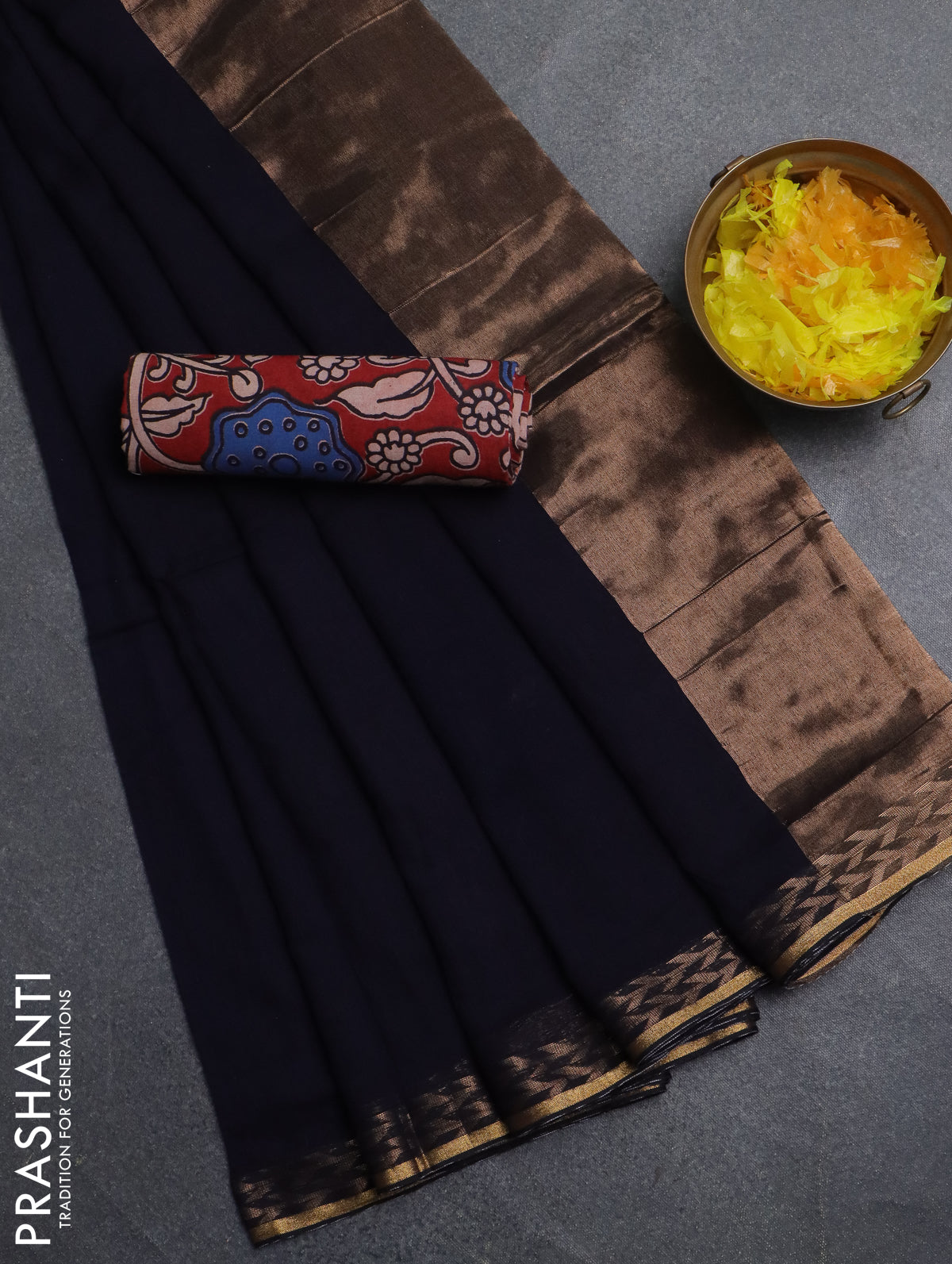 Bengal soft cotton saree navy blue and maroon with plain body and zari woven border