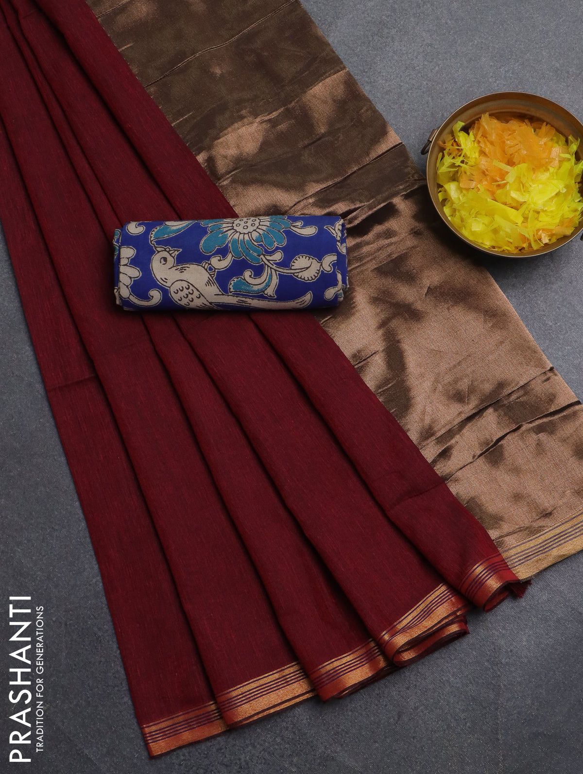 Bengal soft cotton saree maroon and blue with plain body and zari woven border