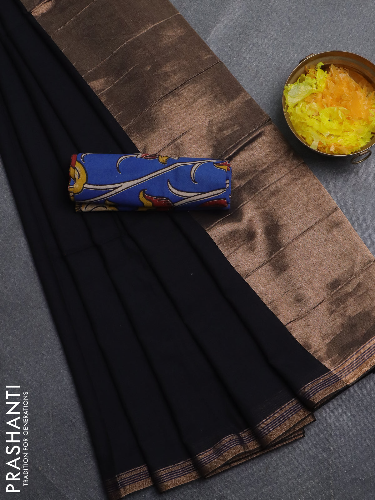 Bengal soft cotton saree black and blue with plain body and zari woven border