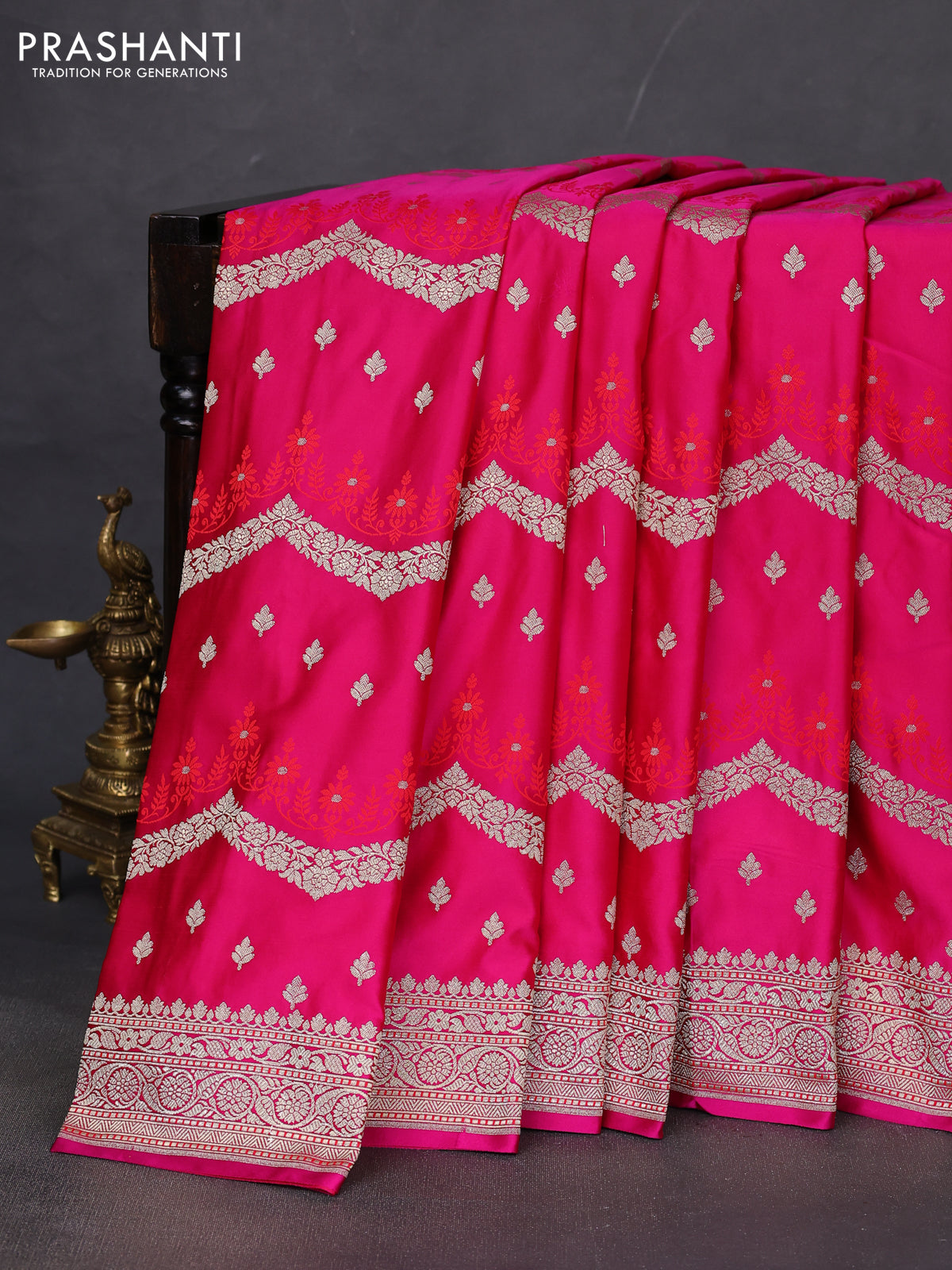 Banarasi semi mushru silk saree pink with allover zari weaves & buttas and zari woven border