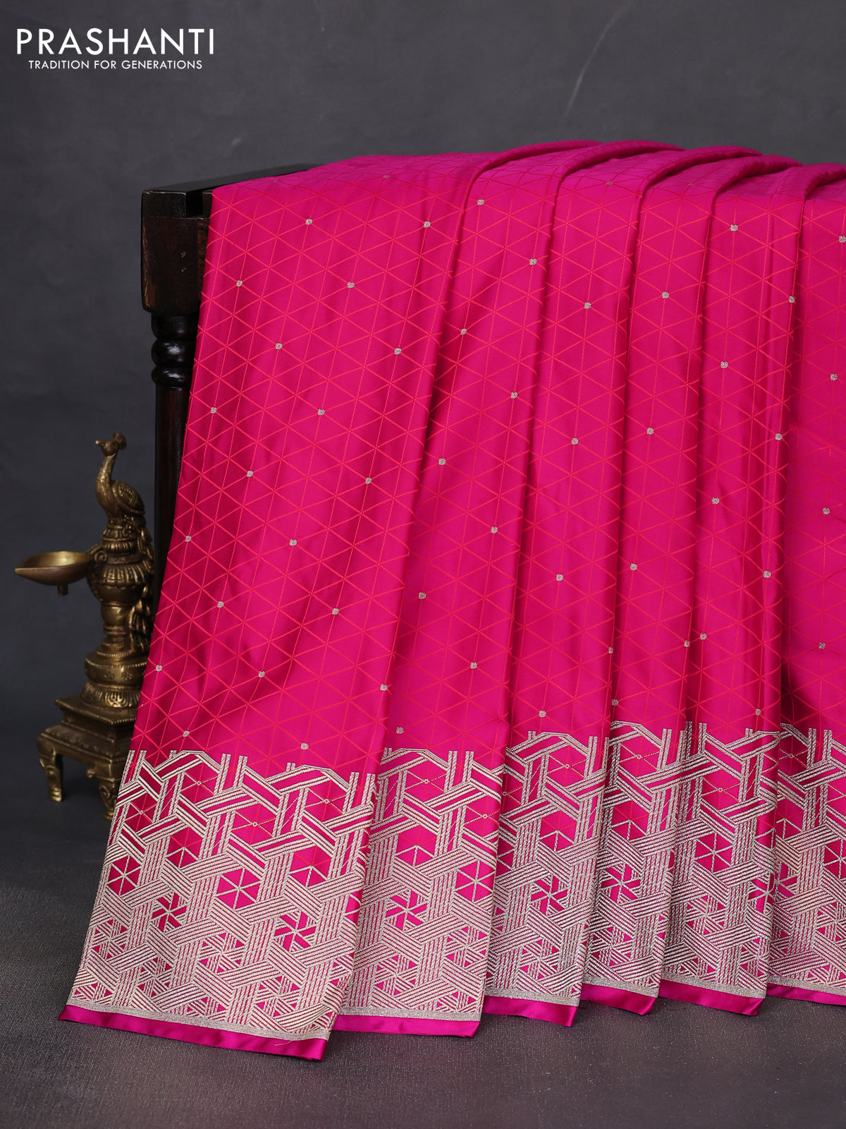 Banarasi semi mushru silk saree pink with allover self emboss & zari buttas and zari woven border