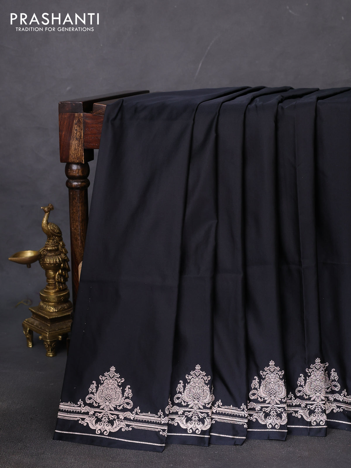 Banarasi semi mushru silk saree black with plain body and zari woven border
