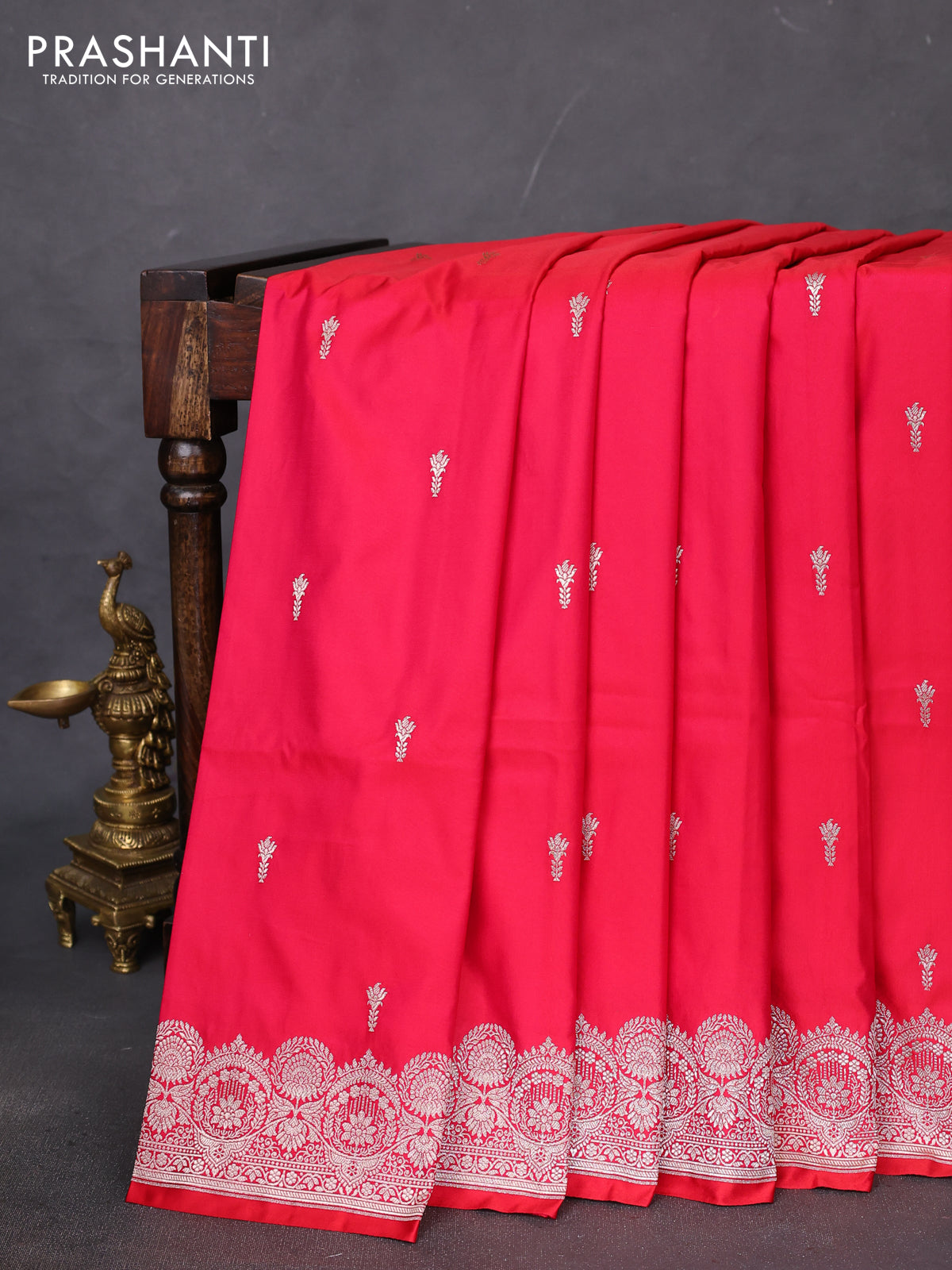 Banarasi semi mushru silk saree reddish pink with allover zari woven buttas and zari woven border