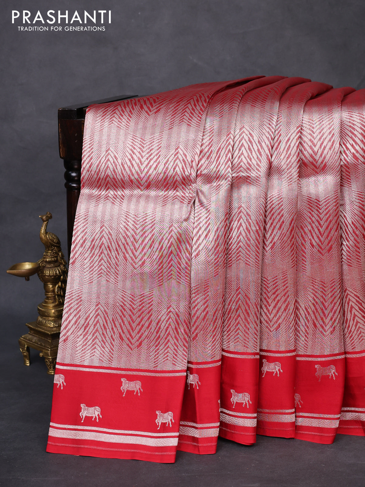 Banarasi katan silk saree red with allover silver zari woven brocade weaves and zari woven butta border