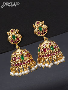 Antique jhumka lakshmi design with kemp stones and golden beads hangings