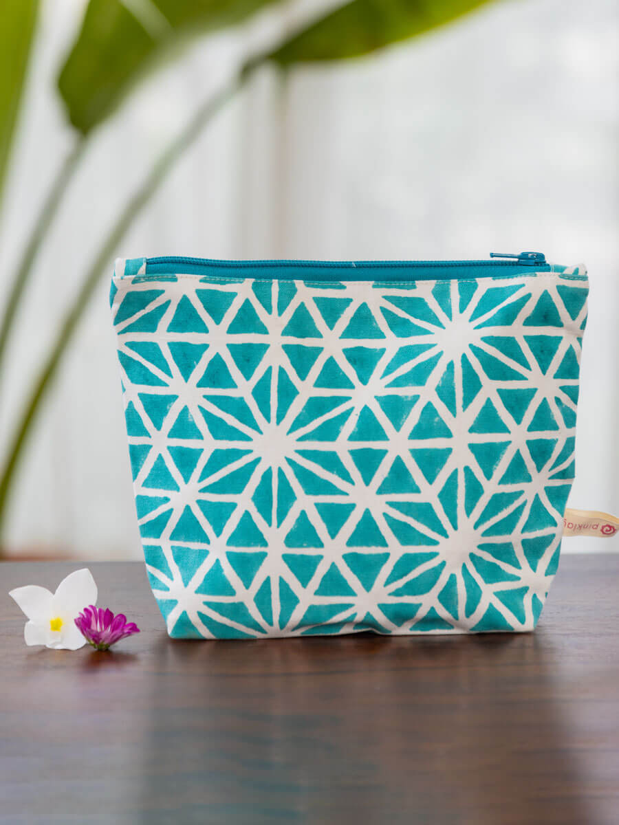 Blue Star Hand Block Print Cotton Travel Pouch