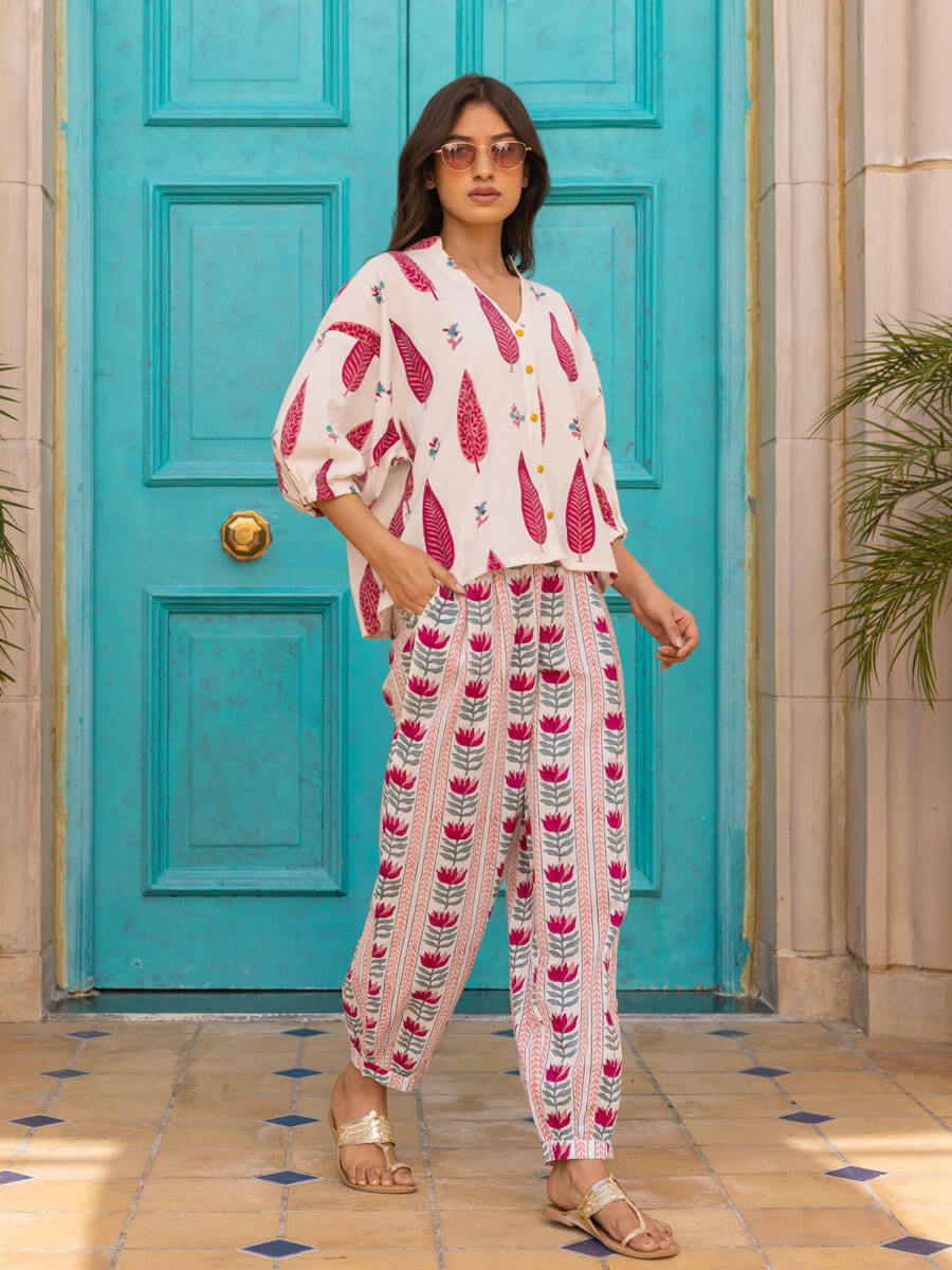 Set of 2 - Tuscan Sun Hand Block Printed Kaftan Top and Lantern Pants