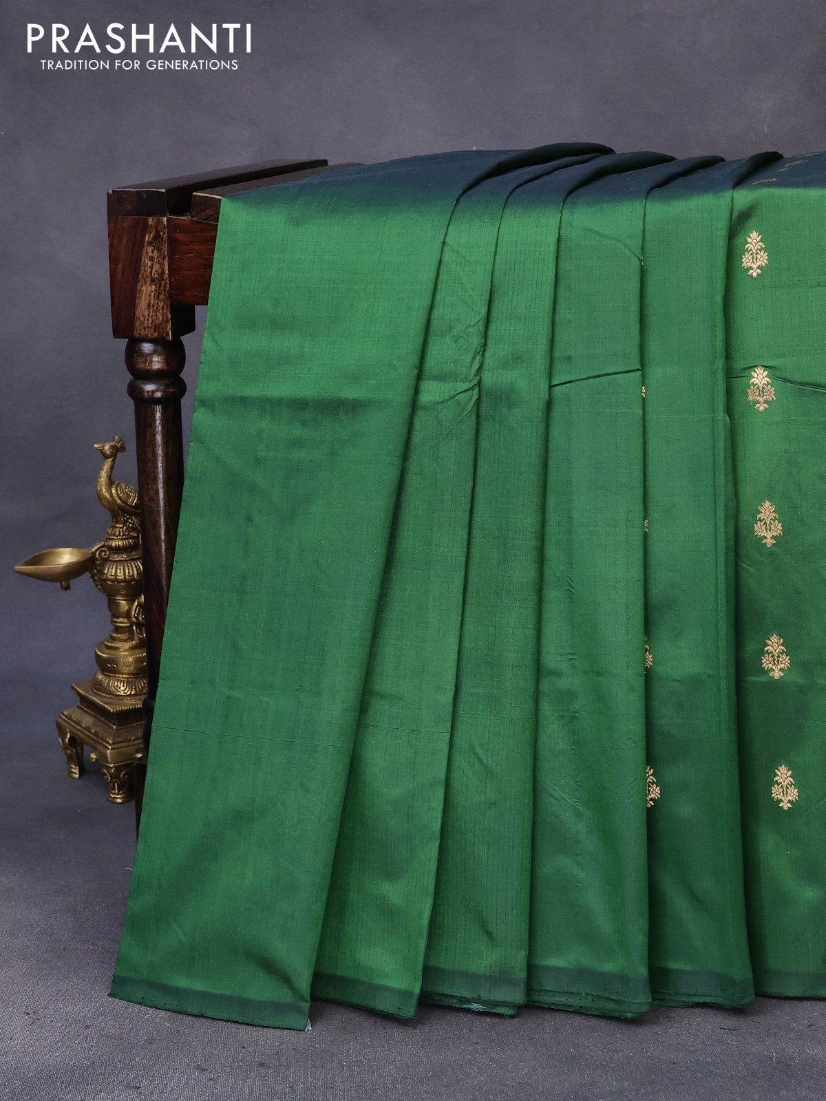 Banarasi katan silk saree green with zari woven buttas in borderless style