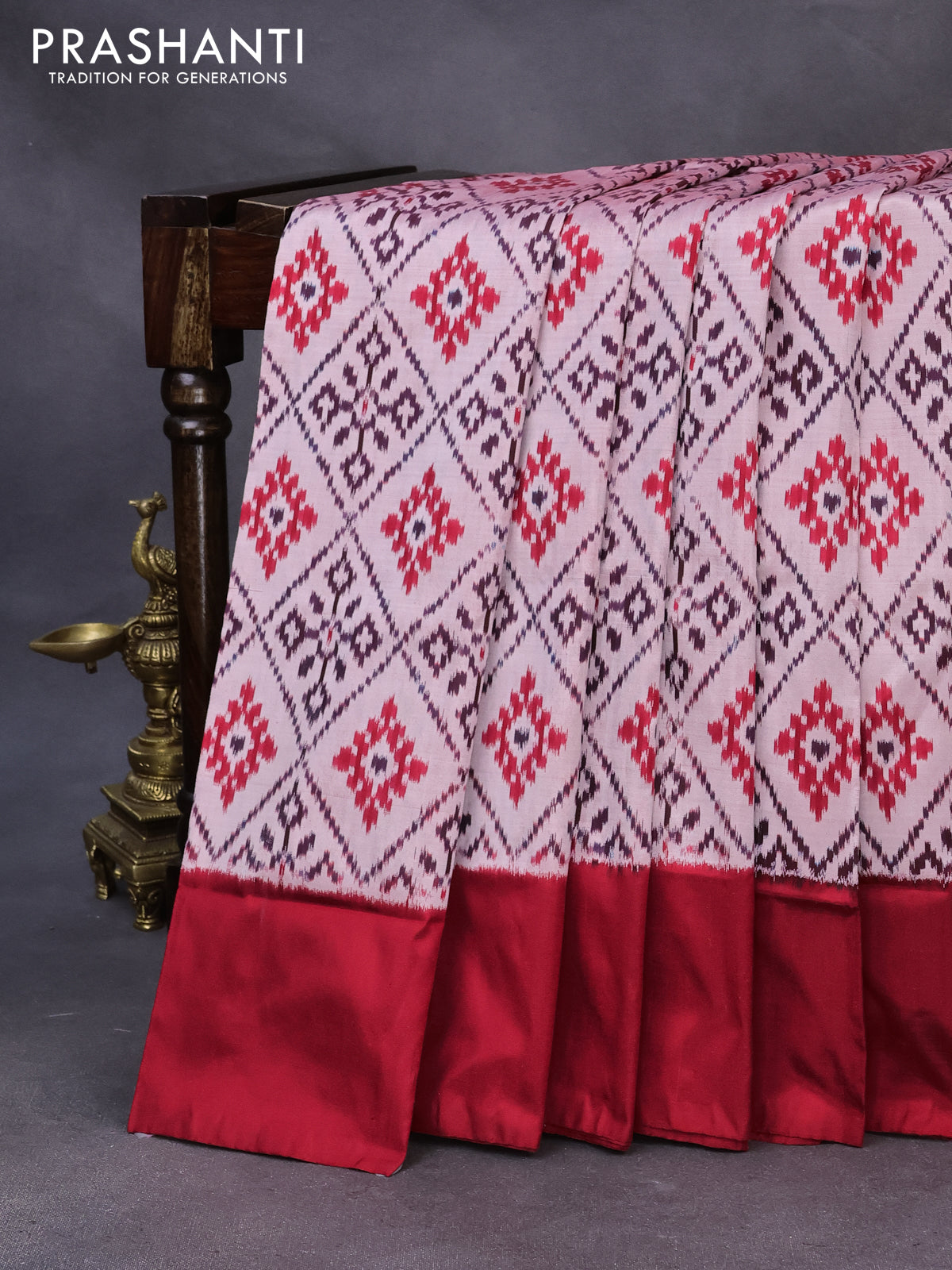 Pochampally silk saree off white red and maroon with allover ikat weaves and simple border