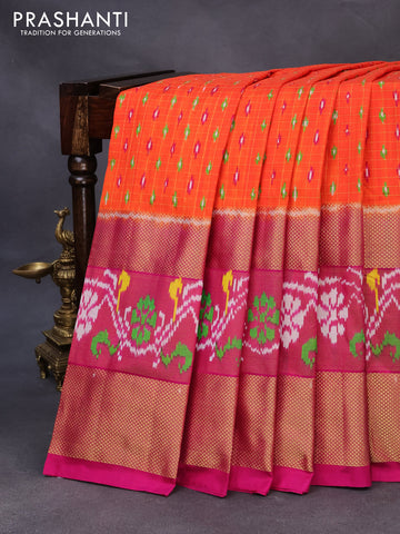 Pochampally silk saree orange and pink with allover zari checks & ikat buttas and long ikat woven zari border