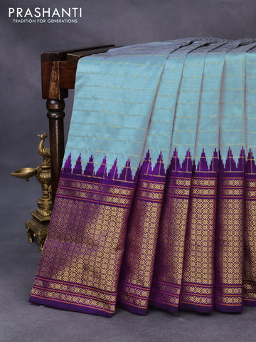 Pochampally silk saree grey and deep violet with allover zari checked pattern and temple design long zari woven border