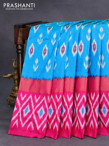 Pochampally silk saree blue and pink with allover ikat buttas and long zari woven ikat border