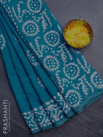 Batik cotton saree teal blue with allover sequin work & batik butta prints and printed lace work border