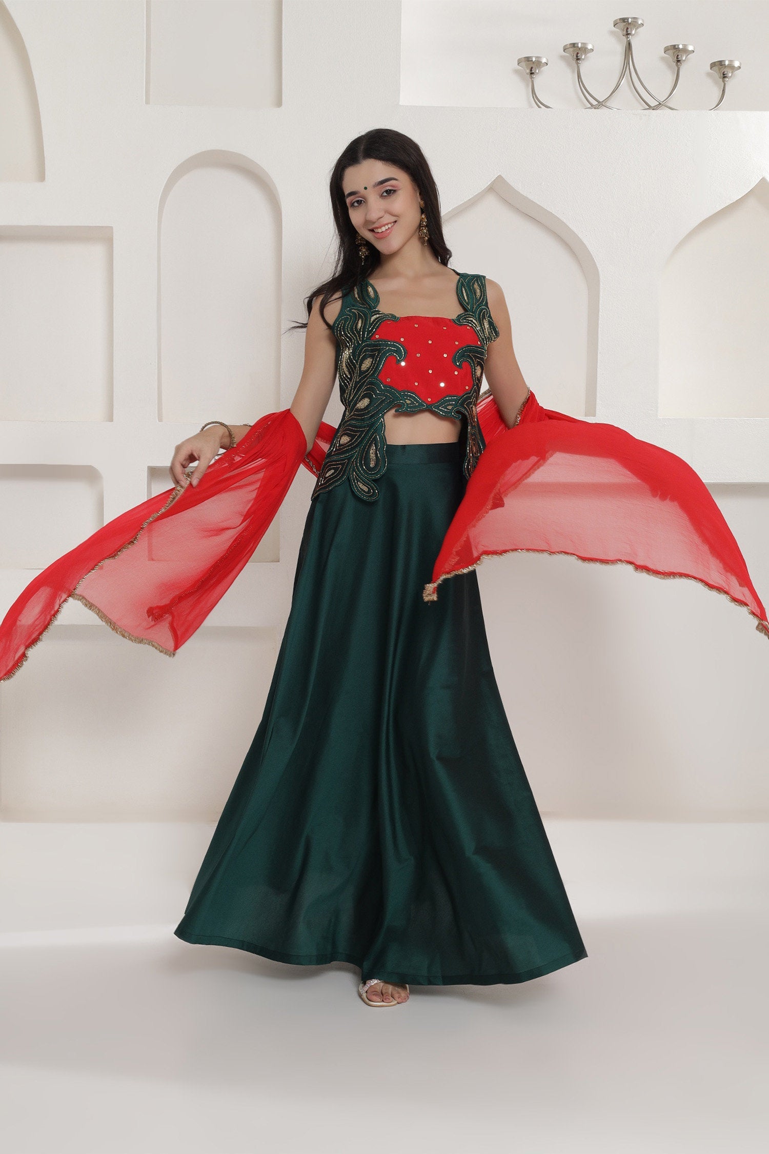 Dark Green Tafta Silk Lehnga Top And Dupatta Set
