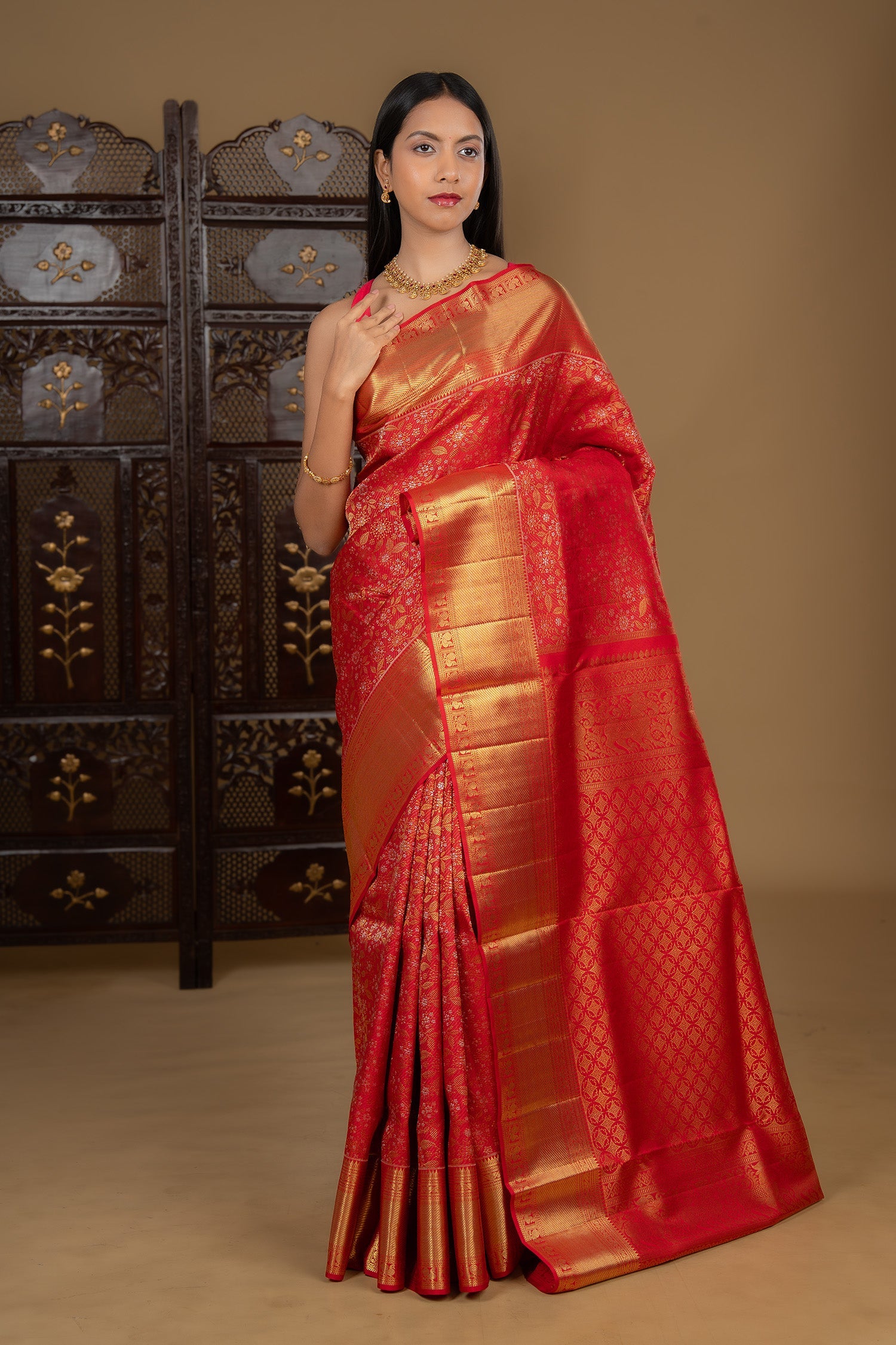 Bright Red Floral Kanjivaram Silk Saree