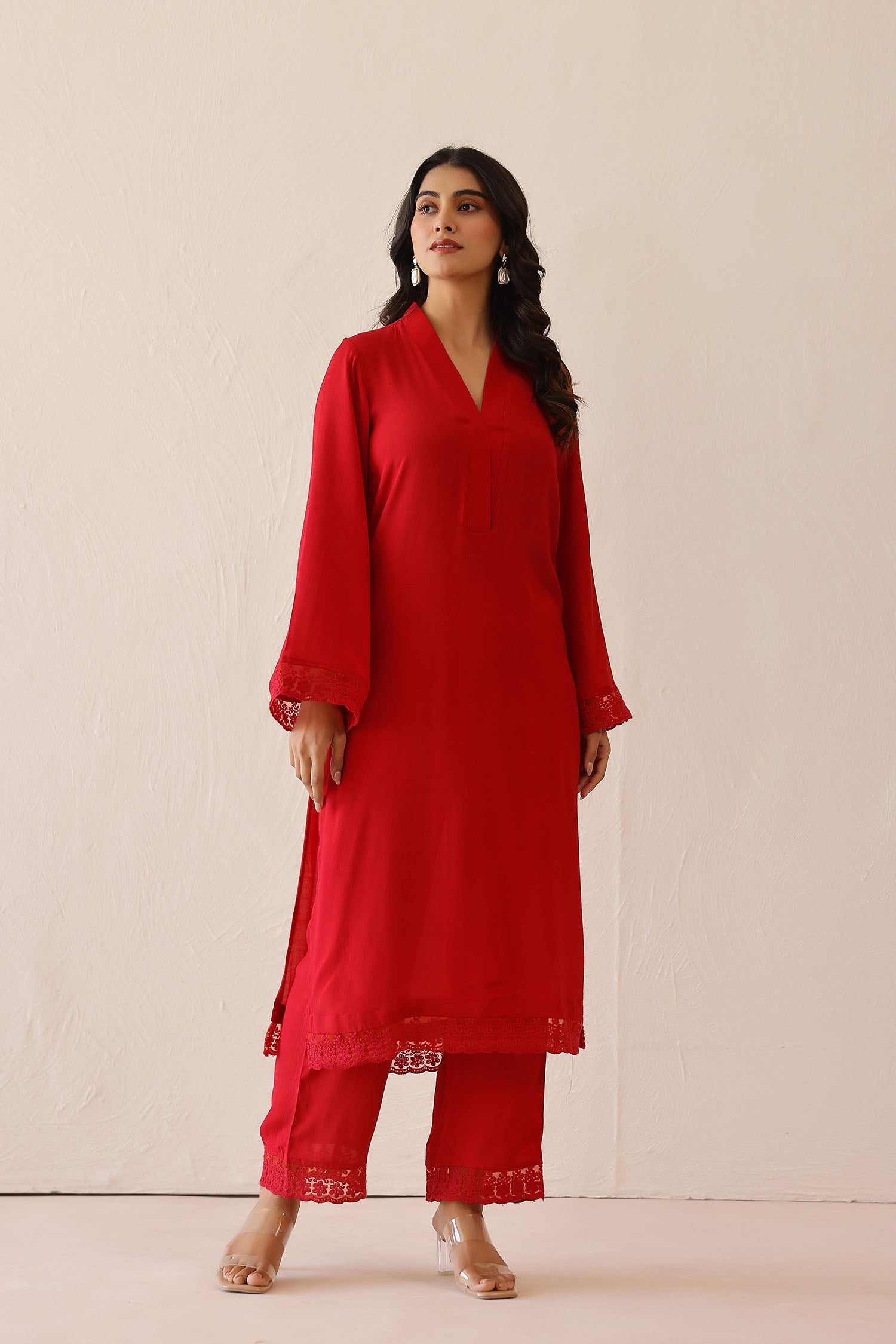 Crimson Red Cotton Santoon Solid Kurti Set