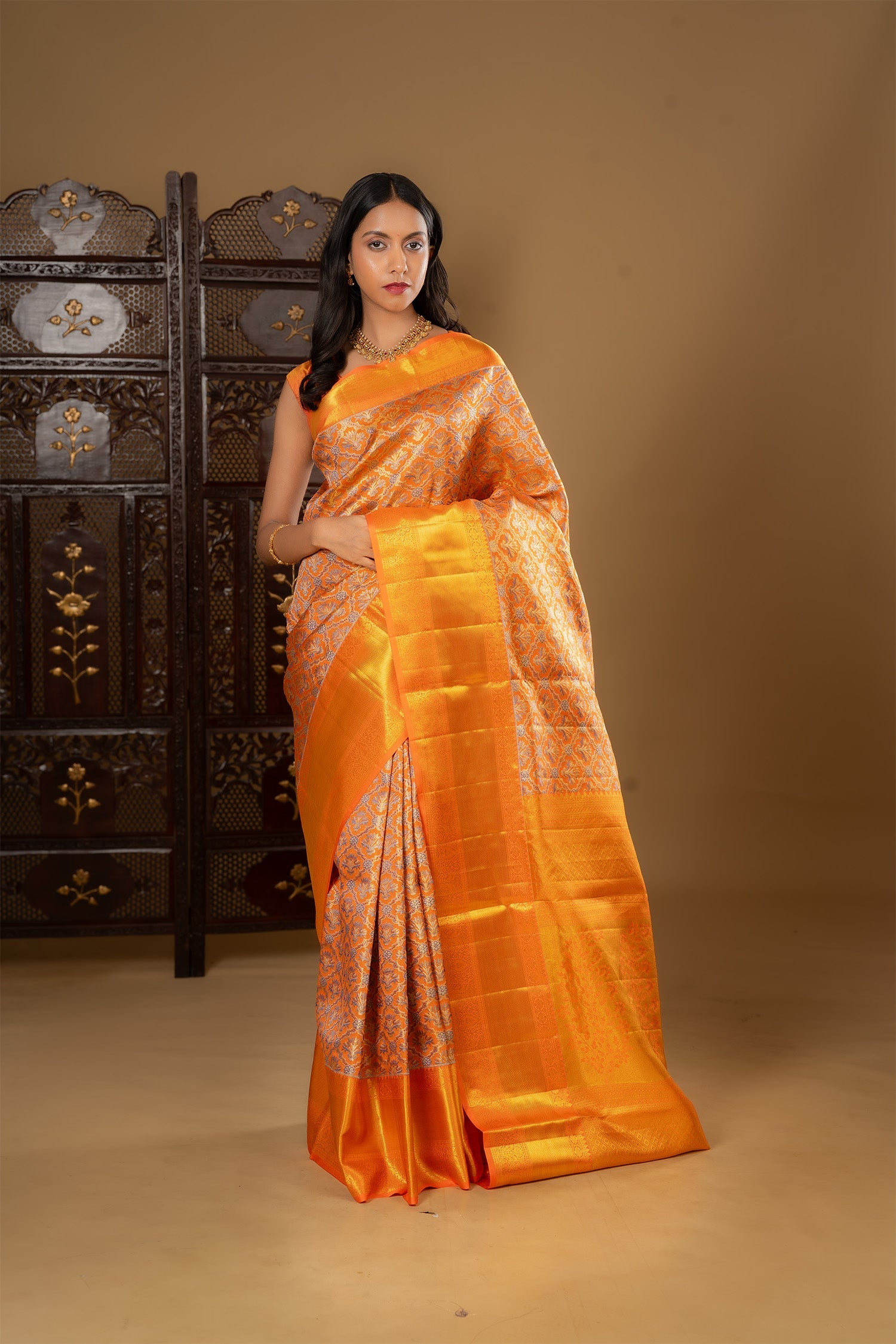 Bright Orange Floral Kanjivaram Silk Saree