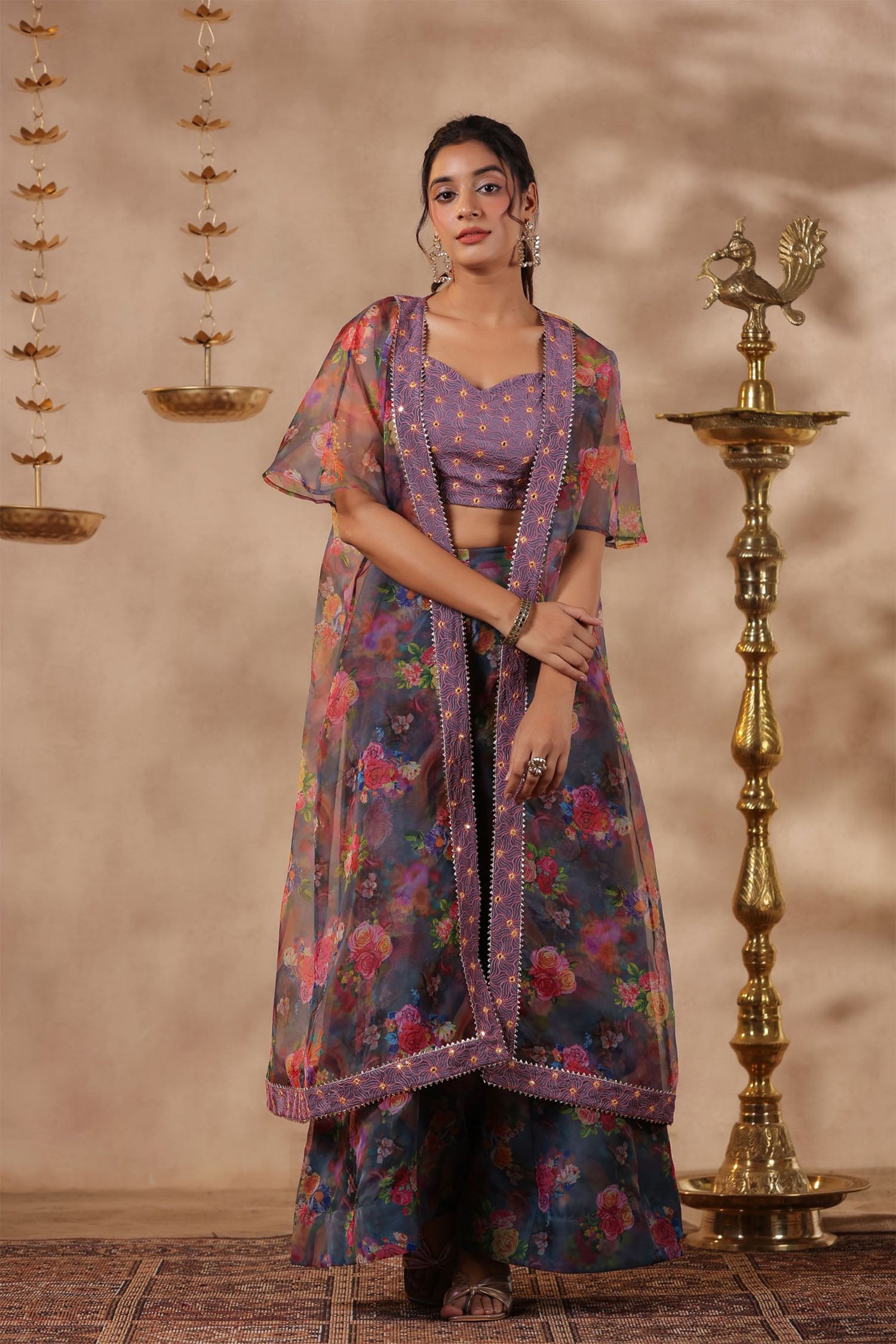 Bluish Grey Organza Floral Printed Indo-Western Co-Ord Set