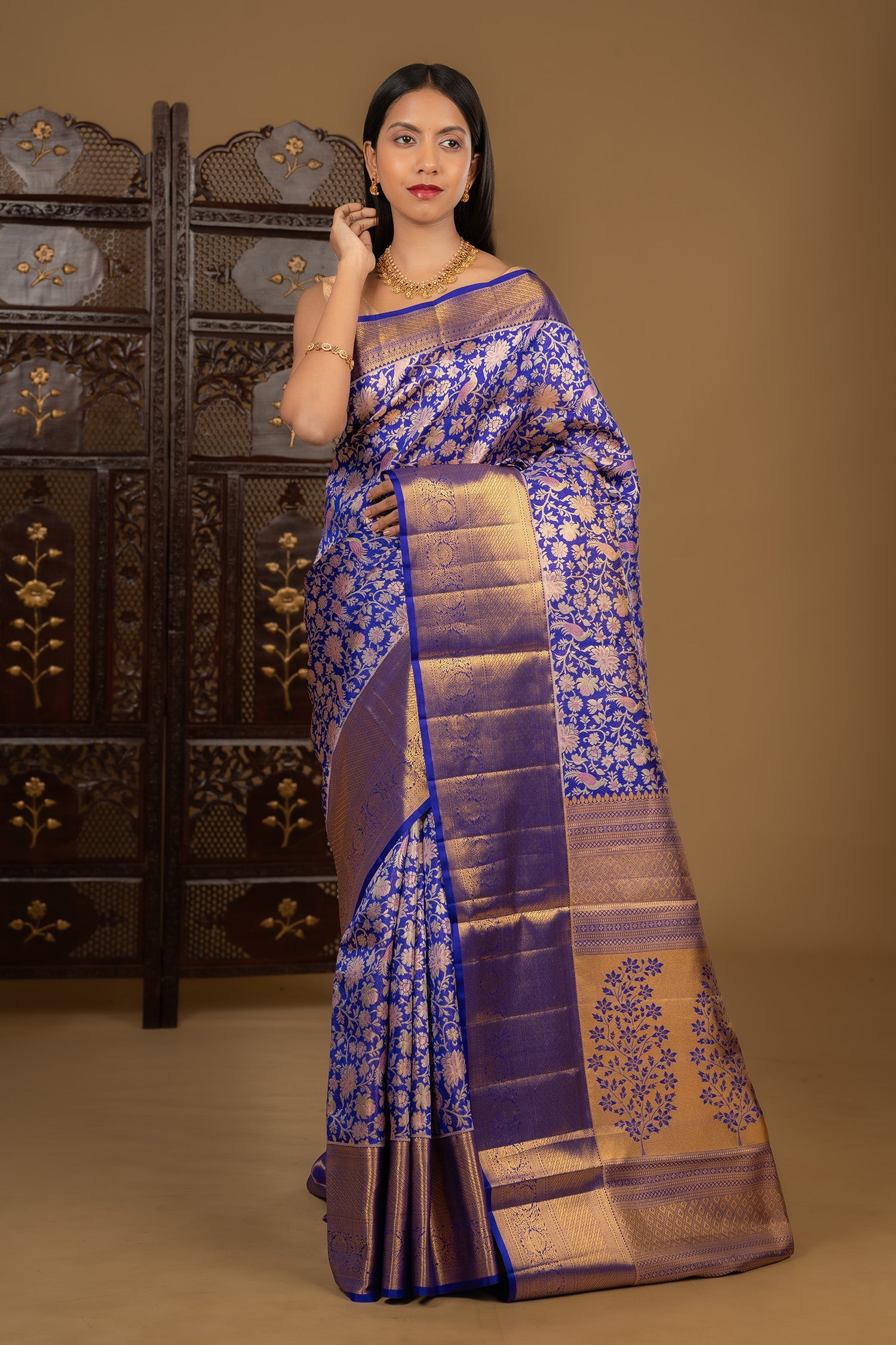 Bright Blue Floral Kanjivaram Silk Saree