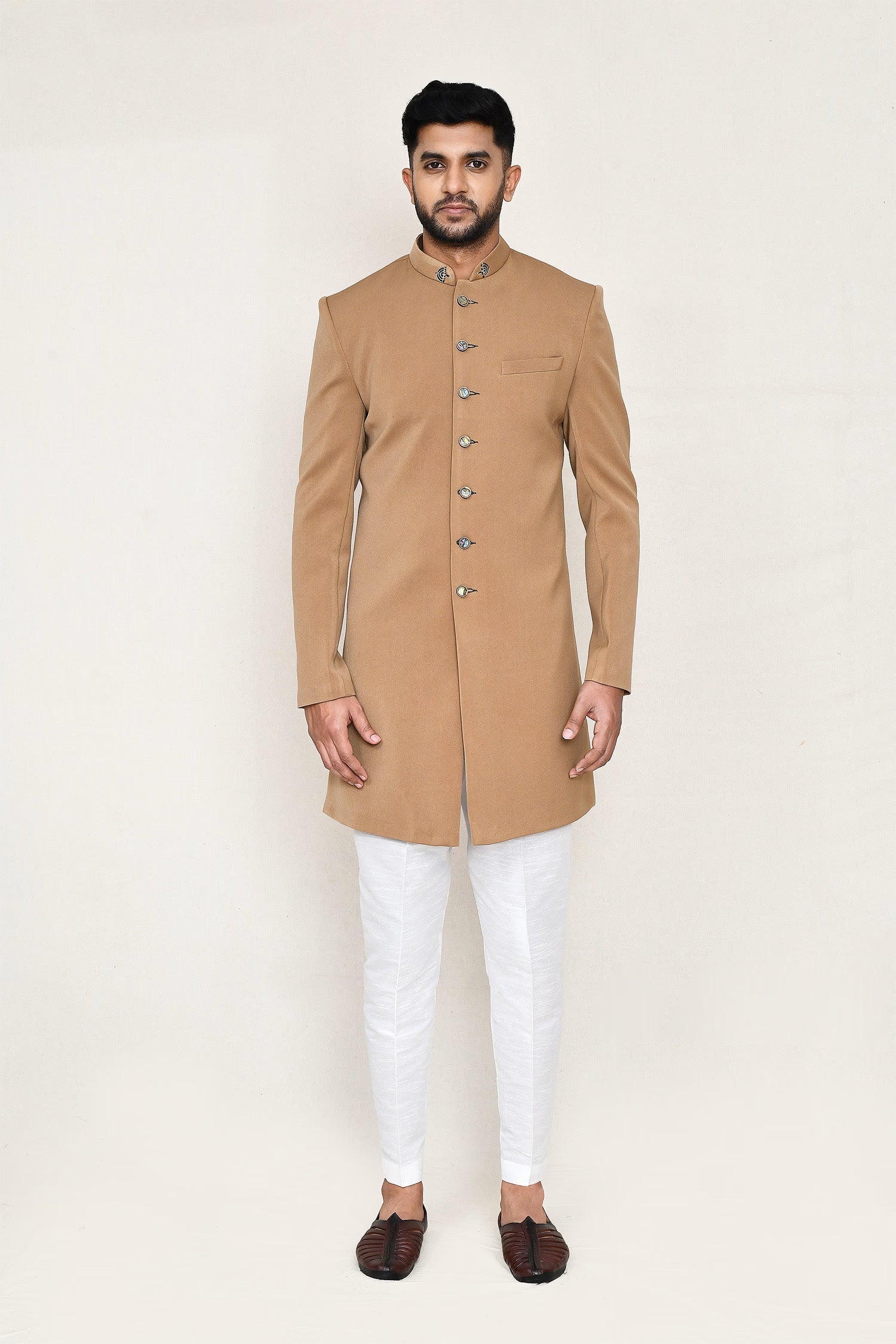 Beige Rayon Sherwani Set