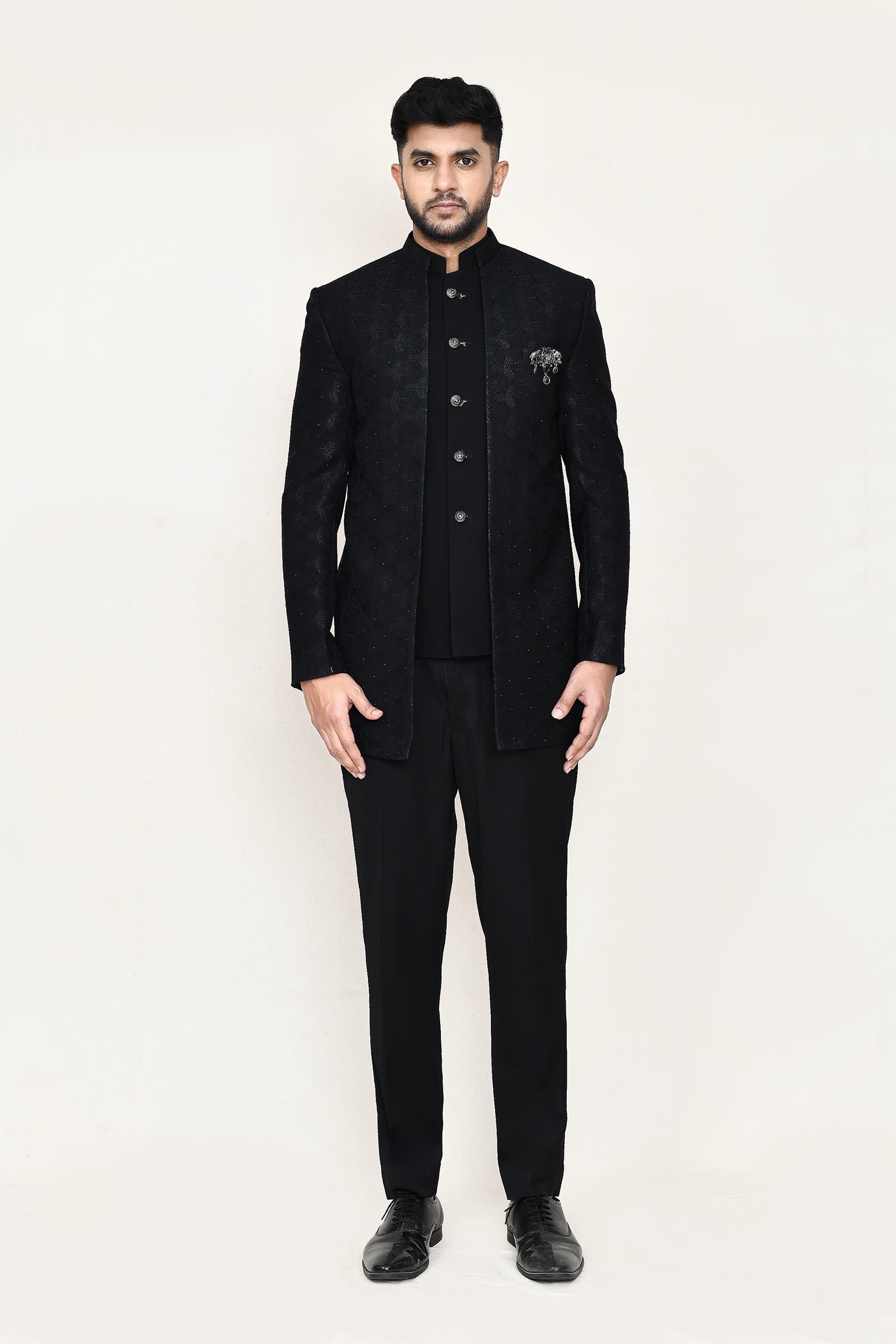 Black Jacquard Sherwani Set