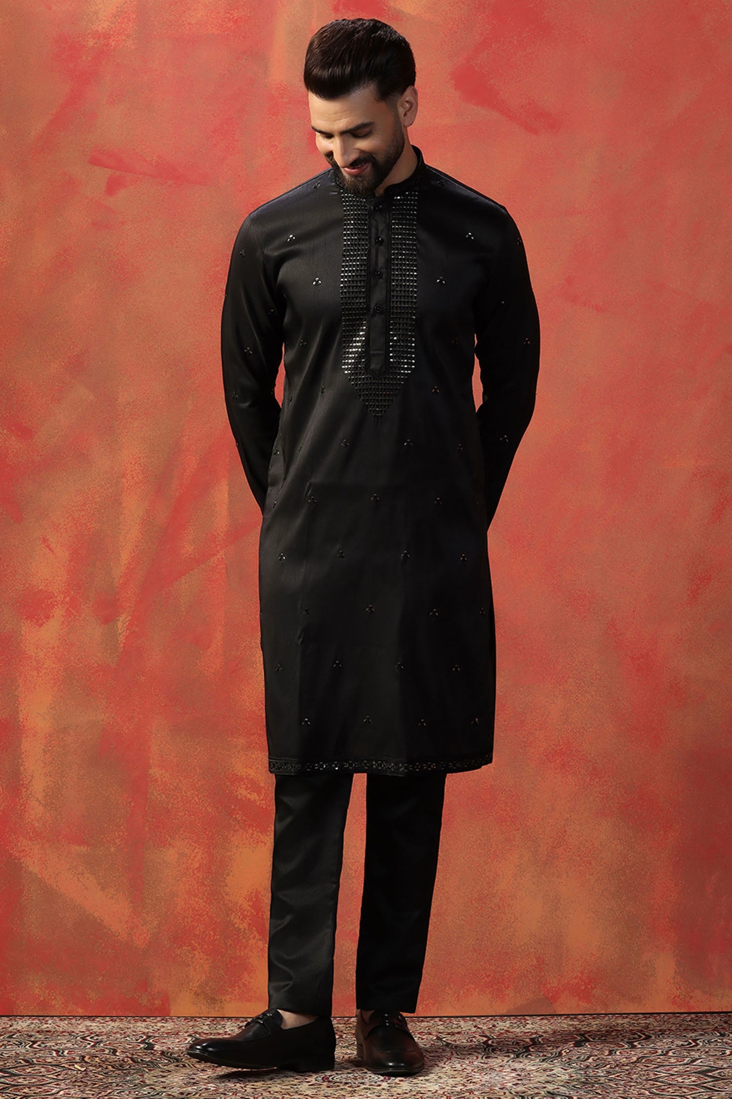 Raven Black Silk Blend Embroidered Kurta