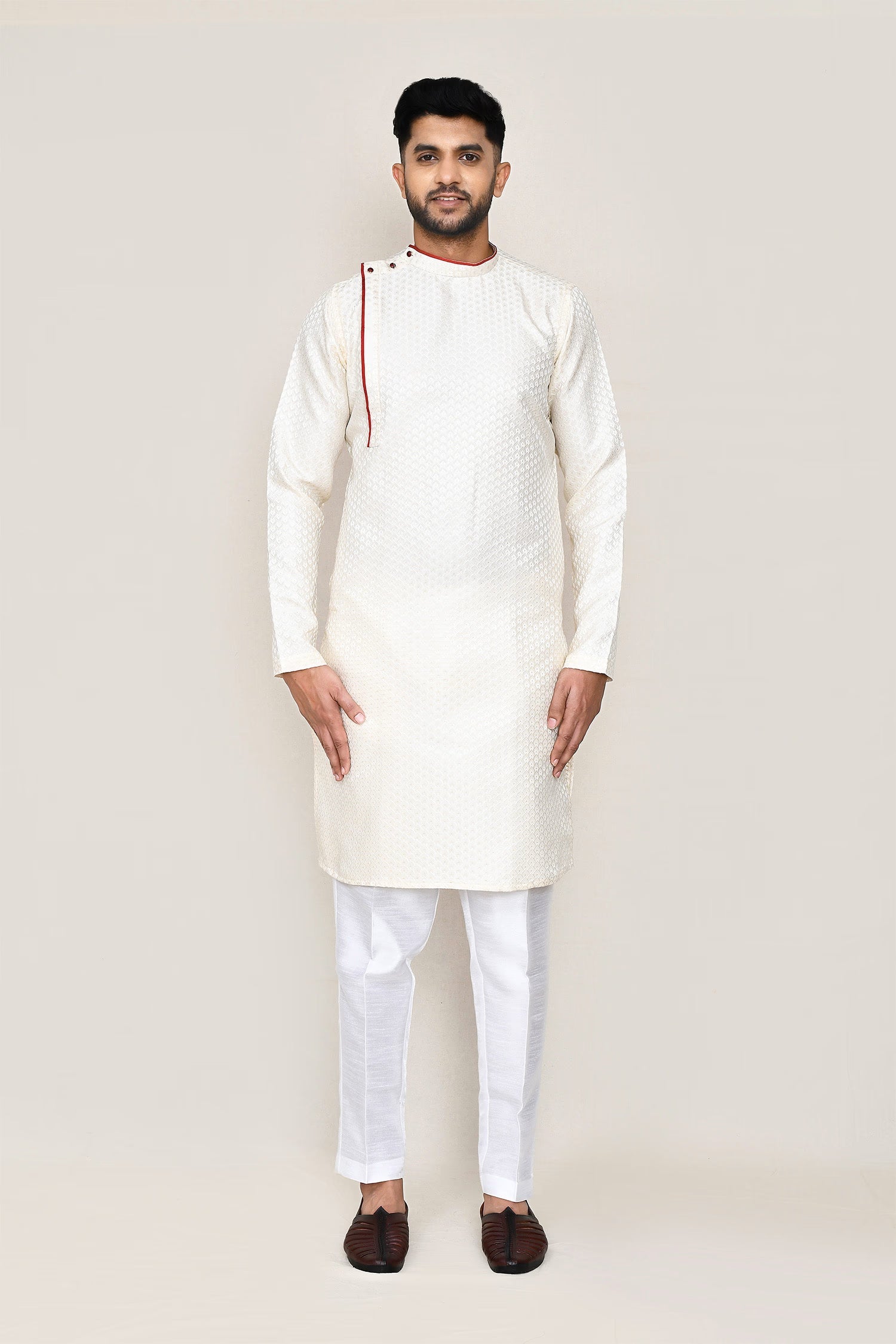 Cream Jacquard Kurta Set