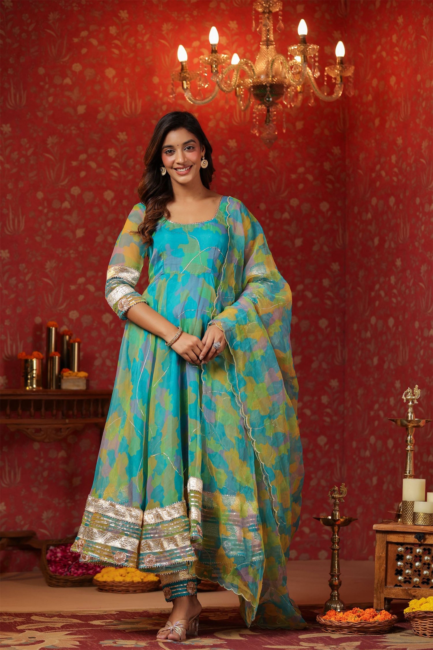 Cerulean Blue Organza Printed Anarkali Set