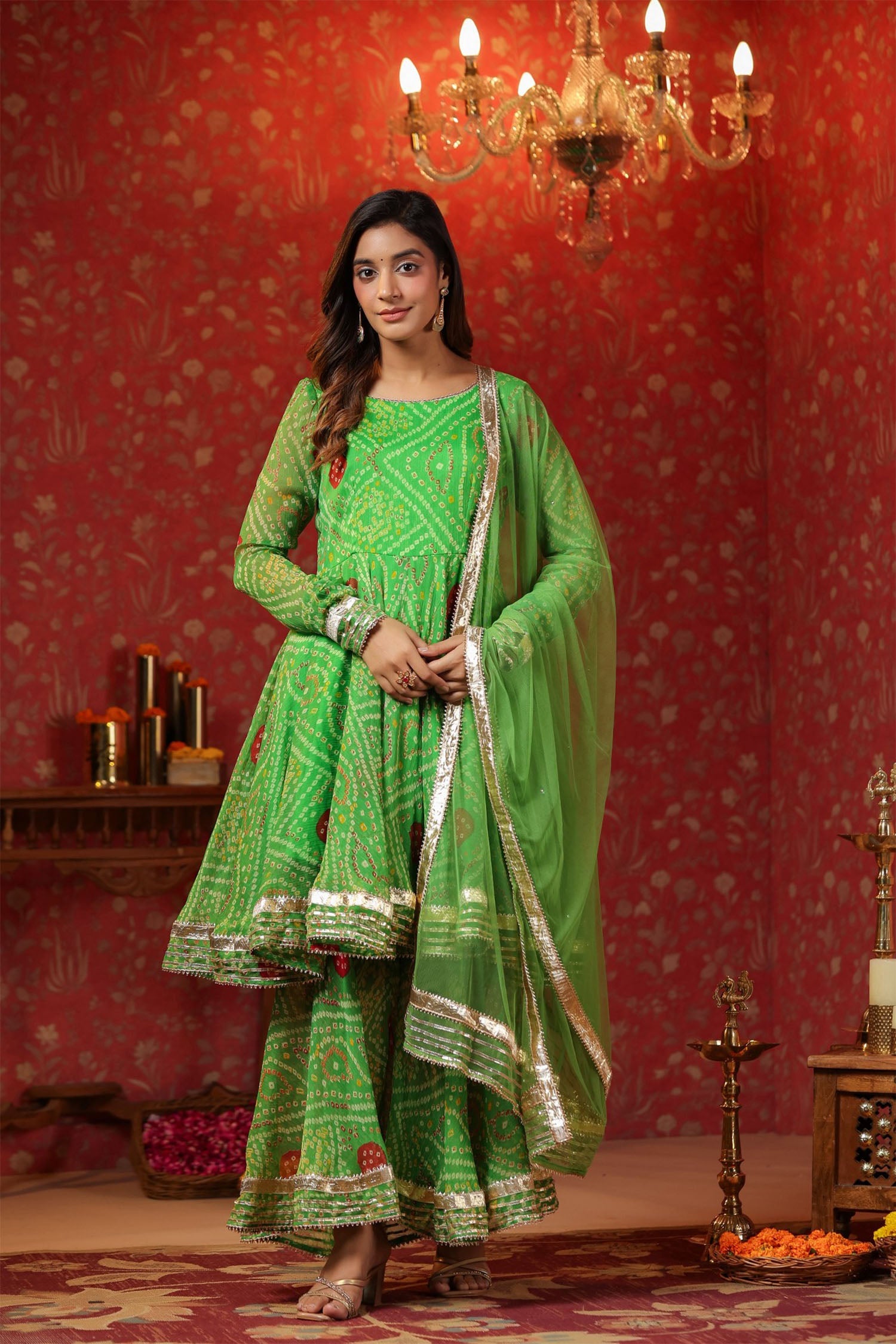 Apple Green Chiffon Bandhani Printed Gharara Set