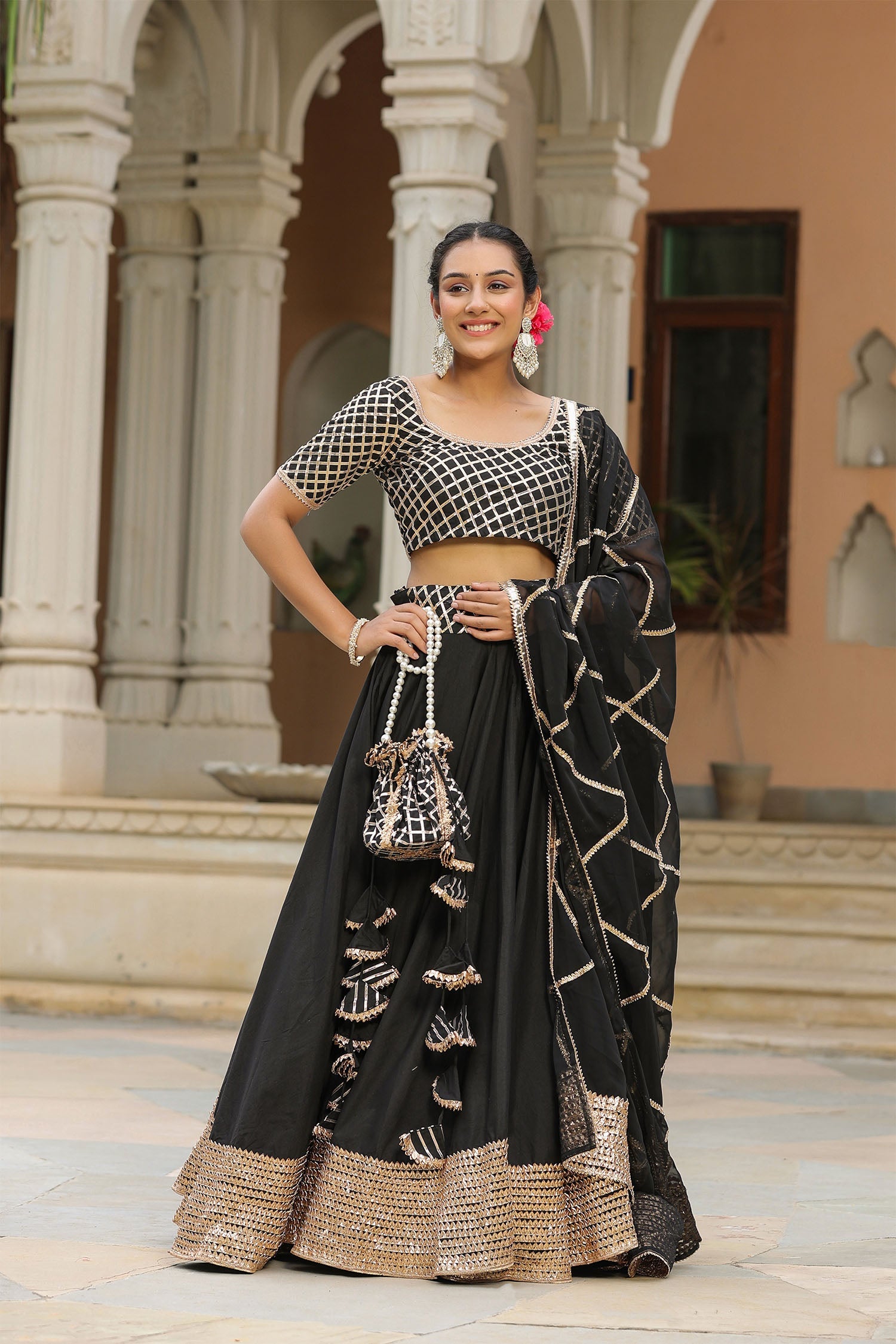 Black Cotton Silk Gota Embroidered Lehenga Set