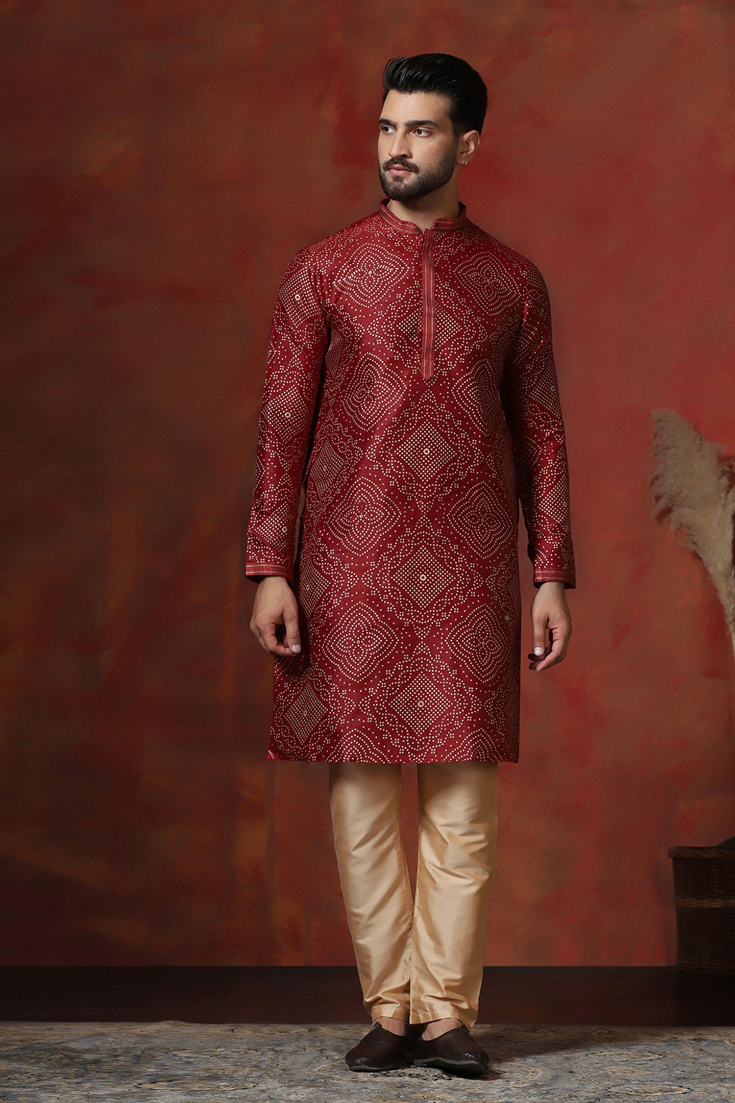 Cherry Red Dupion Embroidered Kurta Set
