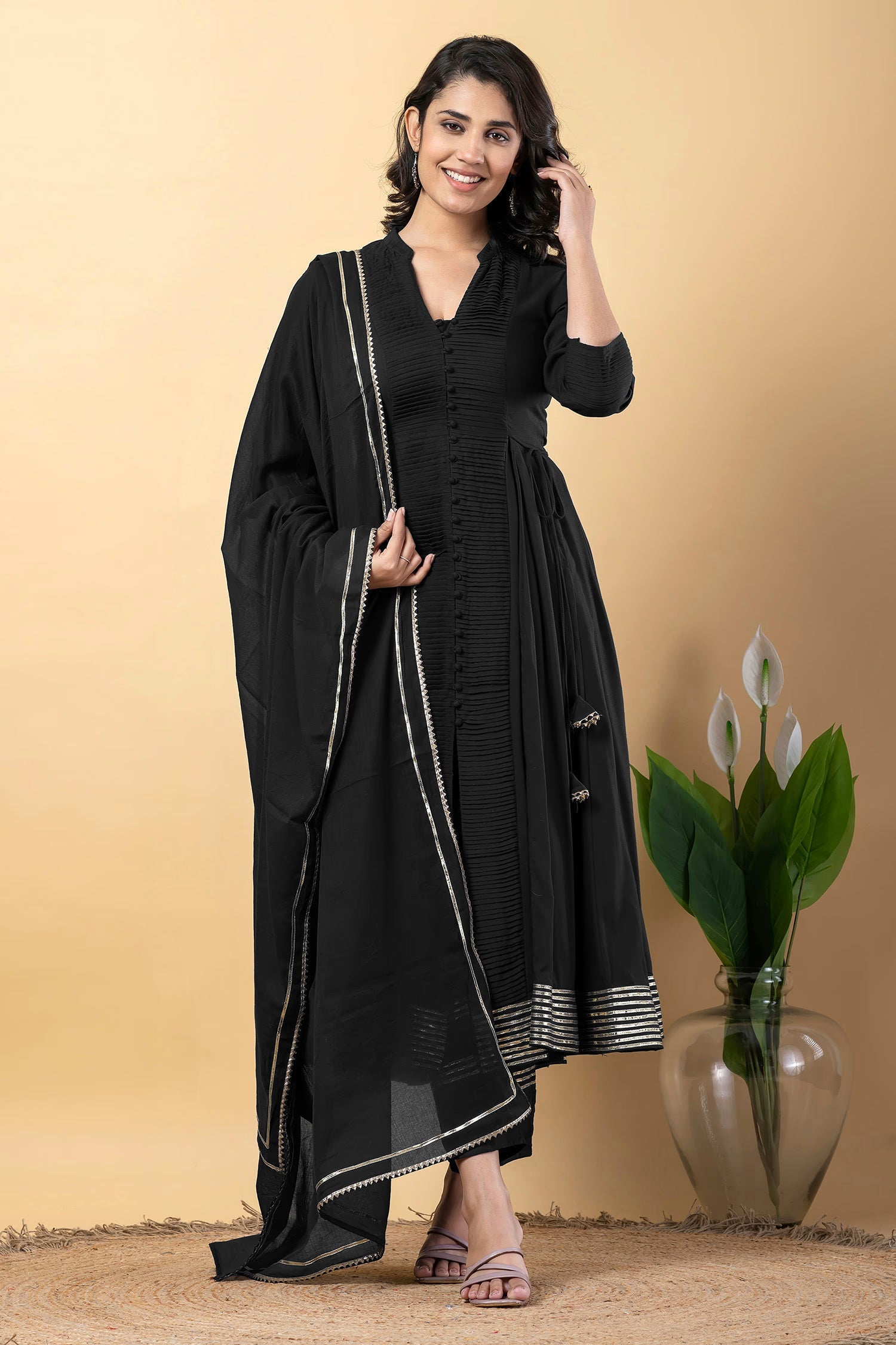 Black Rayon Gota Work Anarkali Set