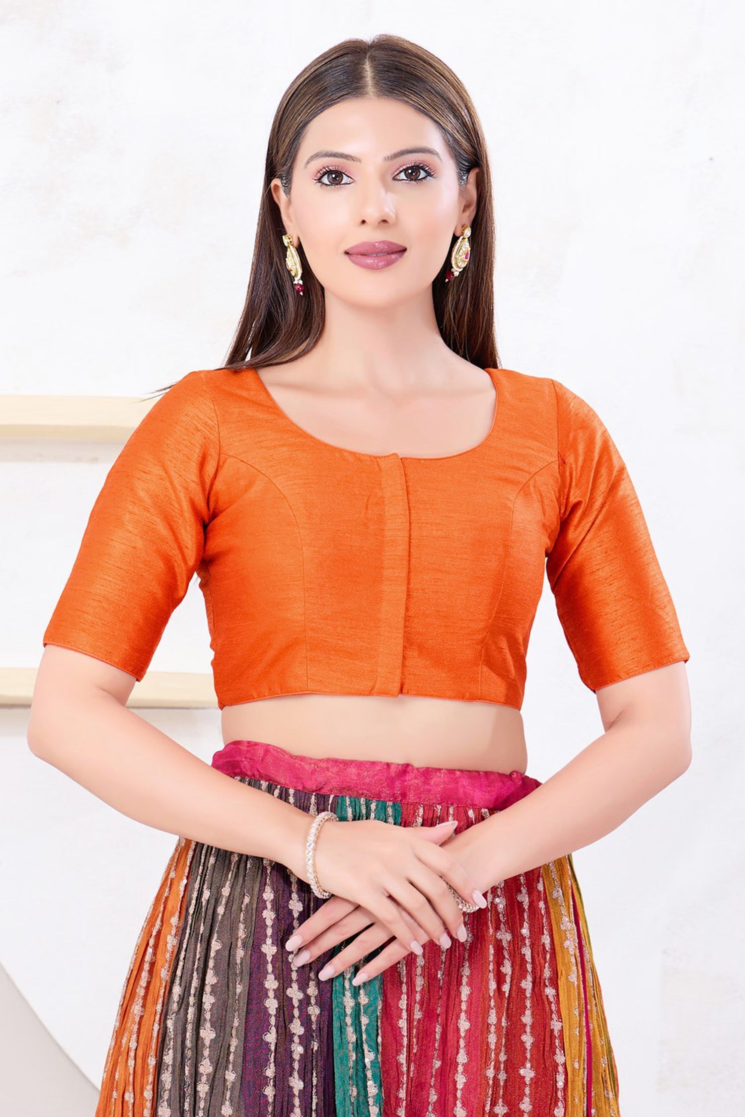 Bright Orange Solid Dupion Silk Blouse