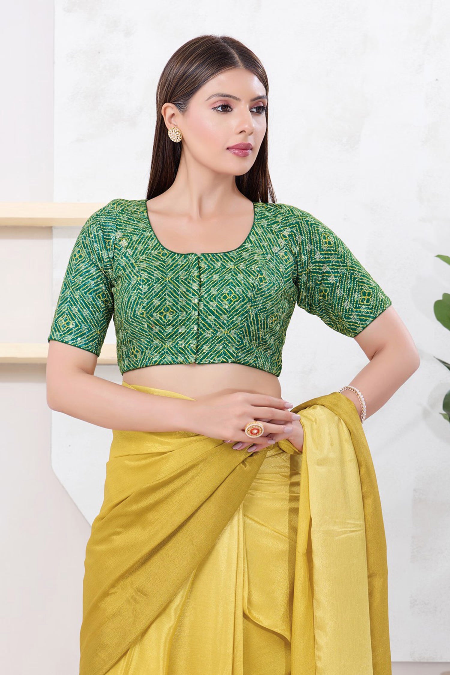 Dark Green Silk Printed Blouse