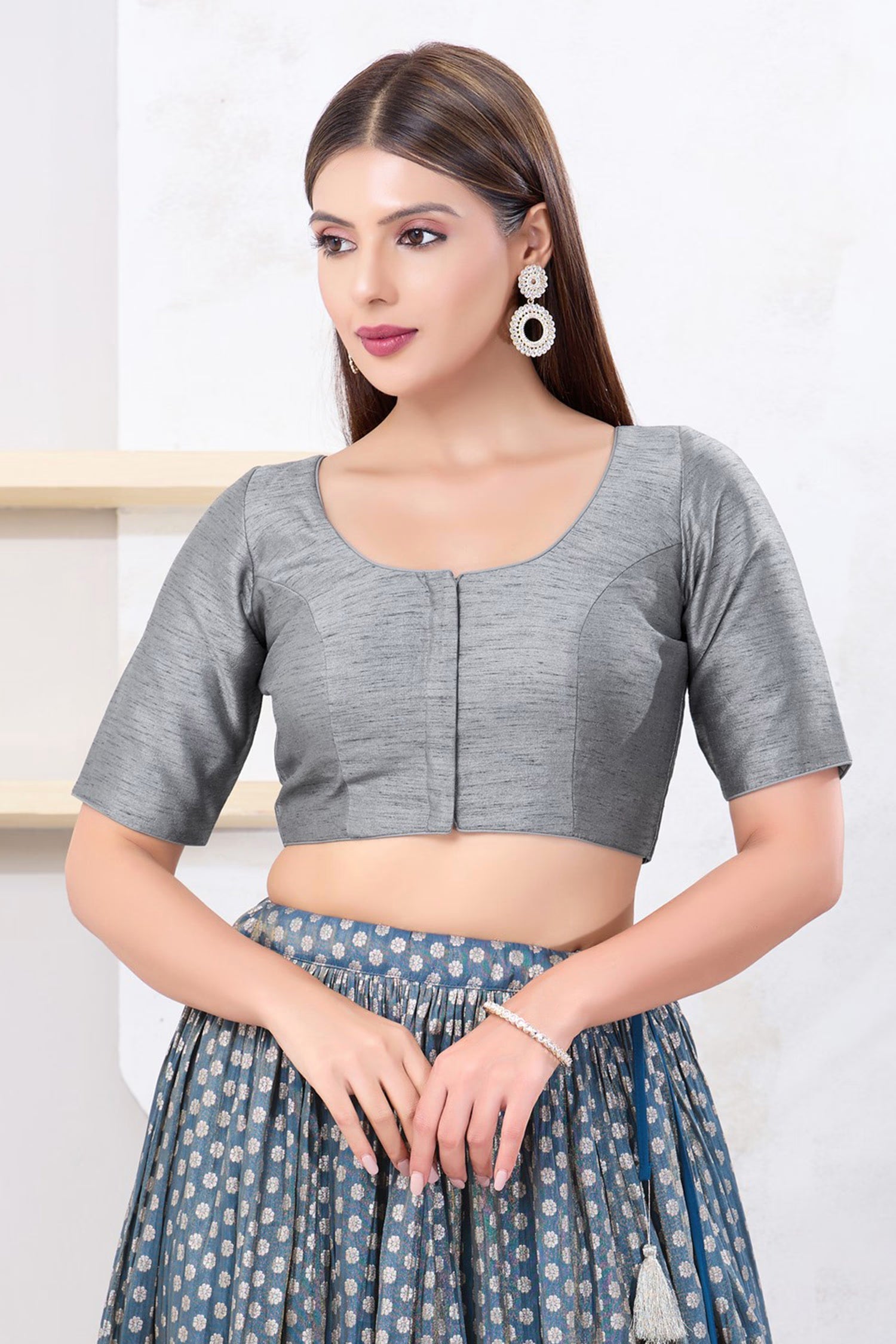 Ash Grey Solid Dupion Silk Blouse