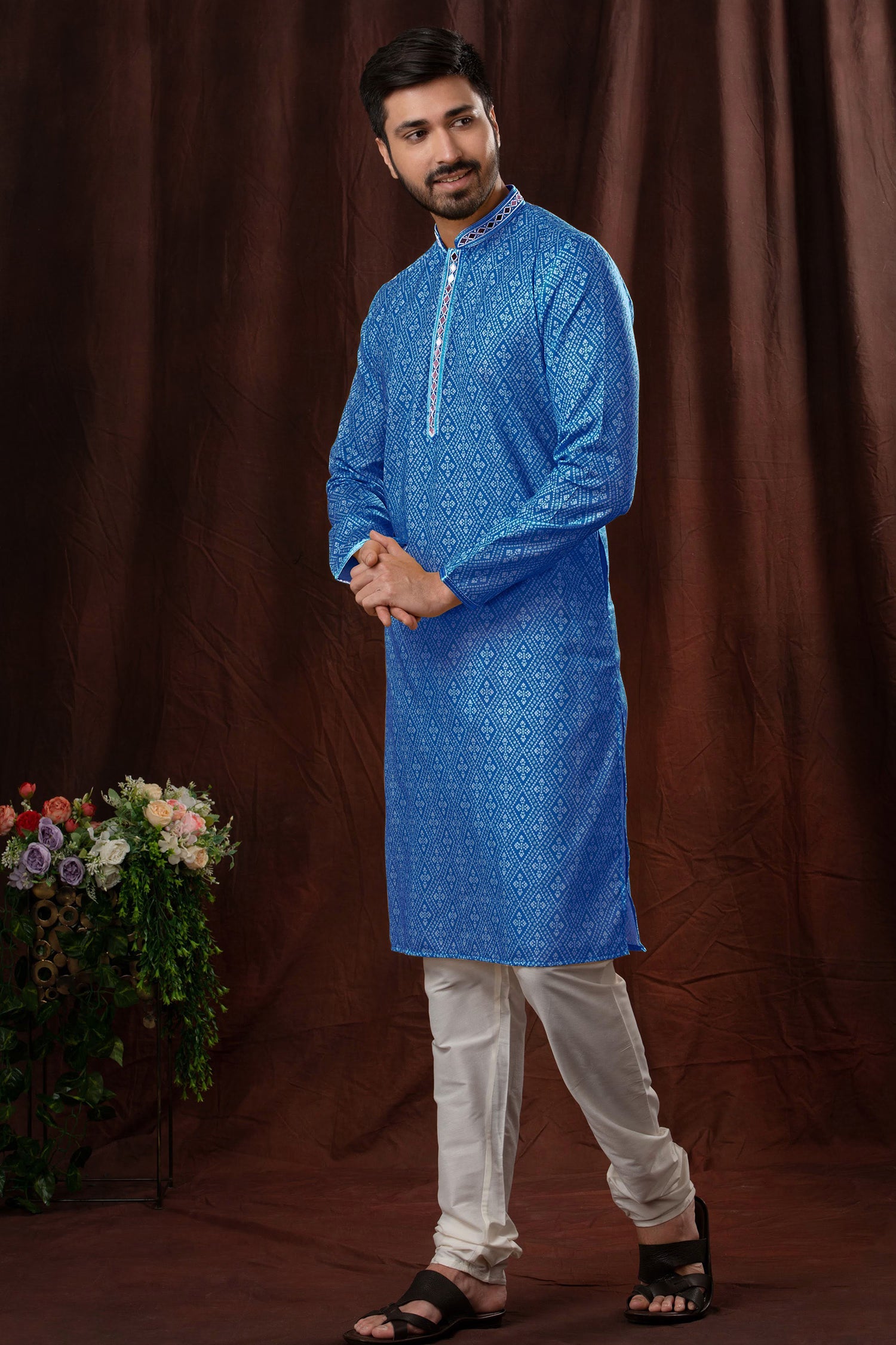 Cerulean Blue Art Silk Kurta Set With Embroidery Work