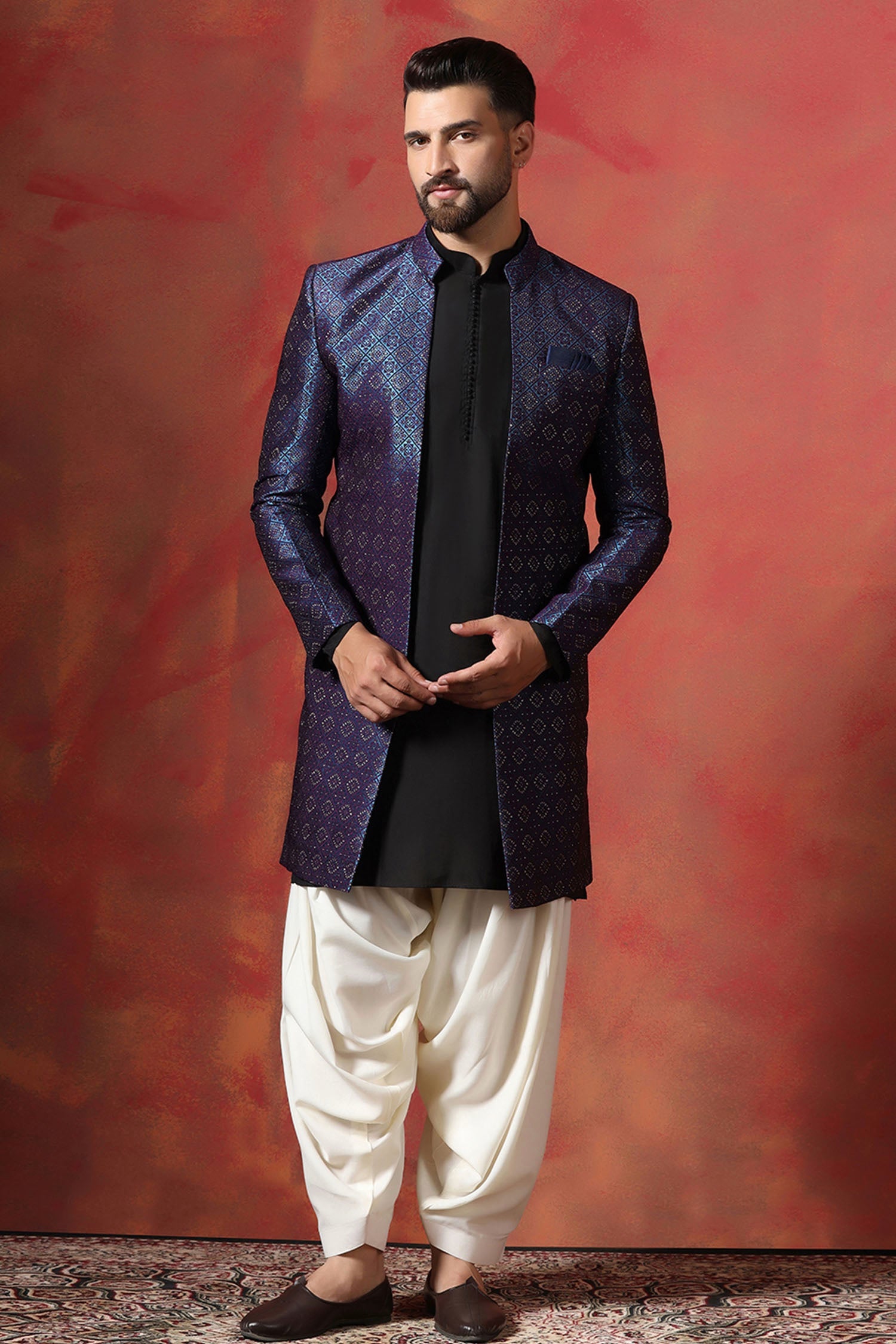 Black And White Jacquard Solid Sherwani Set