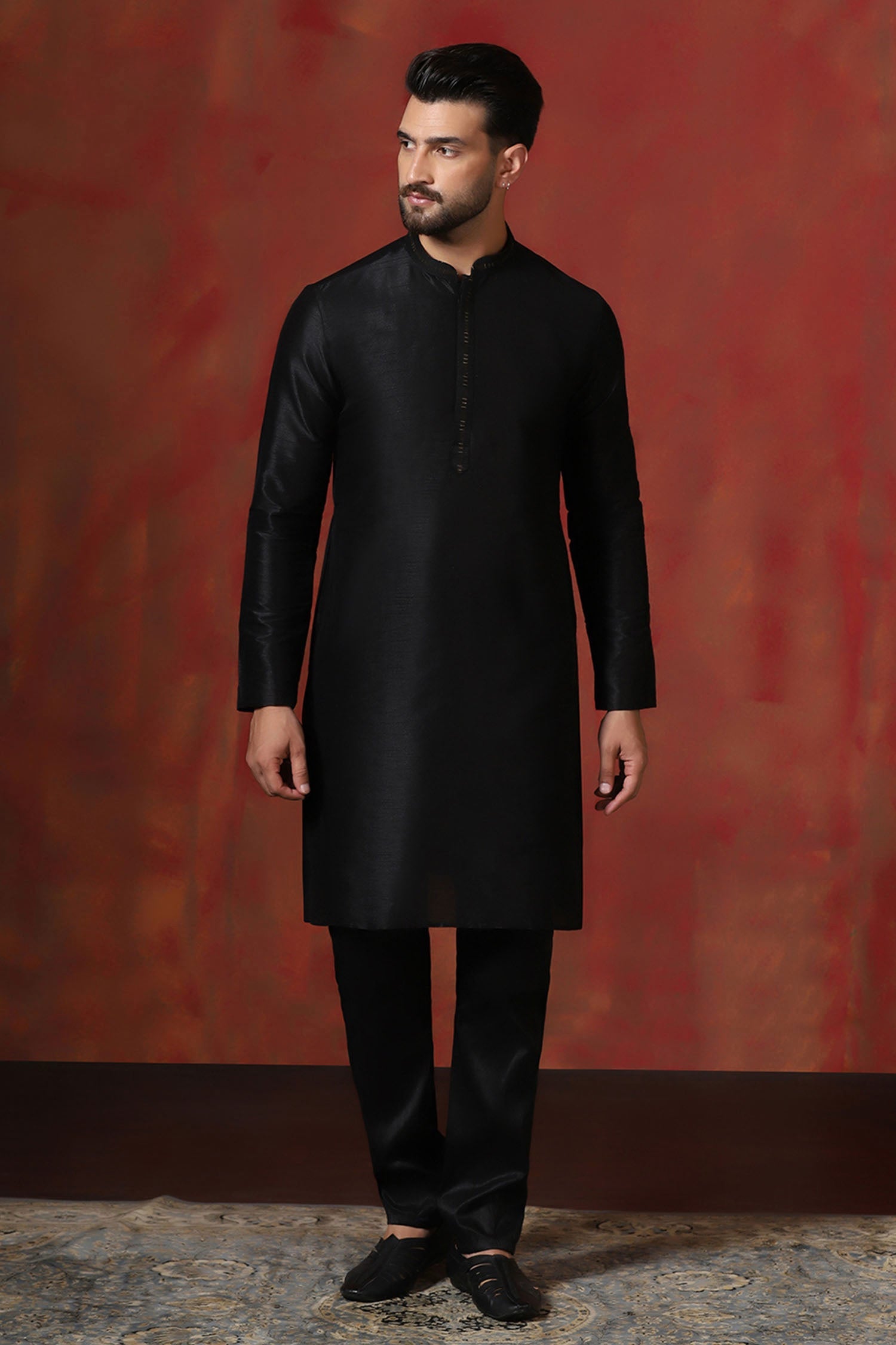 Black Solid Dupion Kurta Set