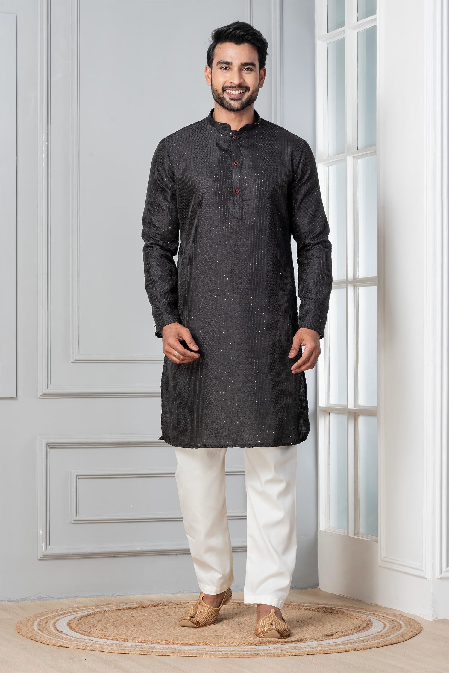 Black Silk Blend Embroidered Kurta Set